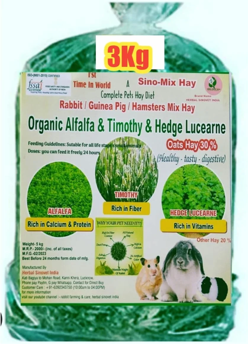 یونجه ممتاز مخلوط با علف تیموتی و بادام زمینی برای خرگوش، خوکچه هندی و همستر (3 کیلوگرم)