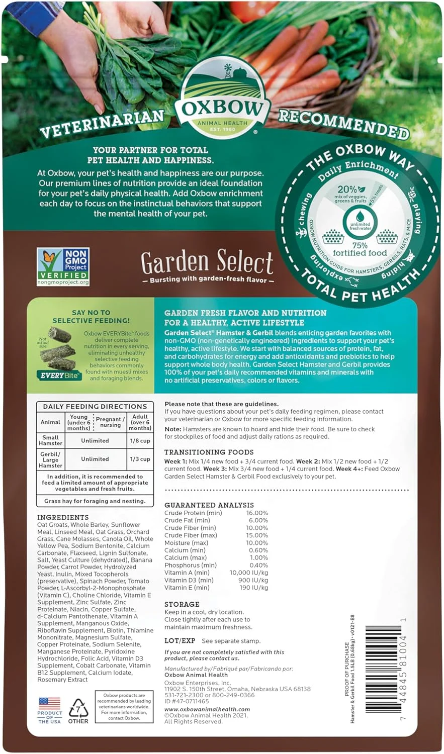 غذای همستر و جربیل آکس بو، فرمولاسیون الهام گرفته از باغ، غیر تراریخته، ساخت آمریکا، کیسه 1.5 پوندی