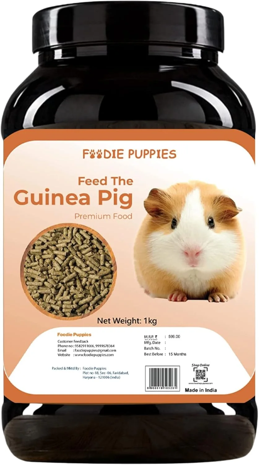 غذای پلت ممتاز خوکچه هندی فودی پاپیز | رژیم غذایی بسیار مغذی با مواد ضروری برای یک سبک زندگی سالم و فعال برای خوکچه های هندی بالغ و جوان (ظرف - غذای خوکچه هندی، 1 کیلوگرم)