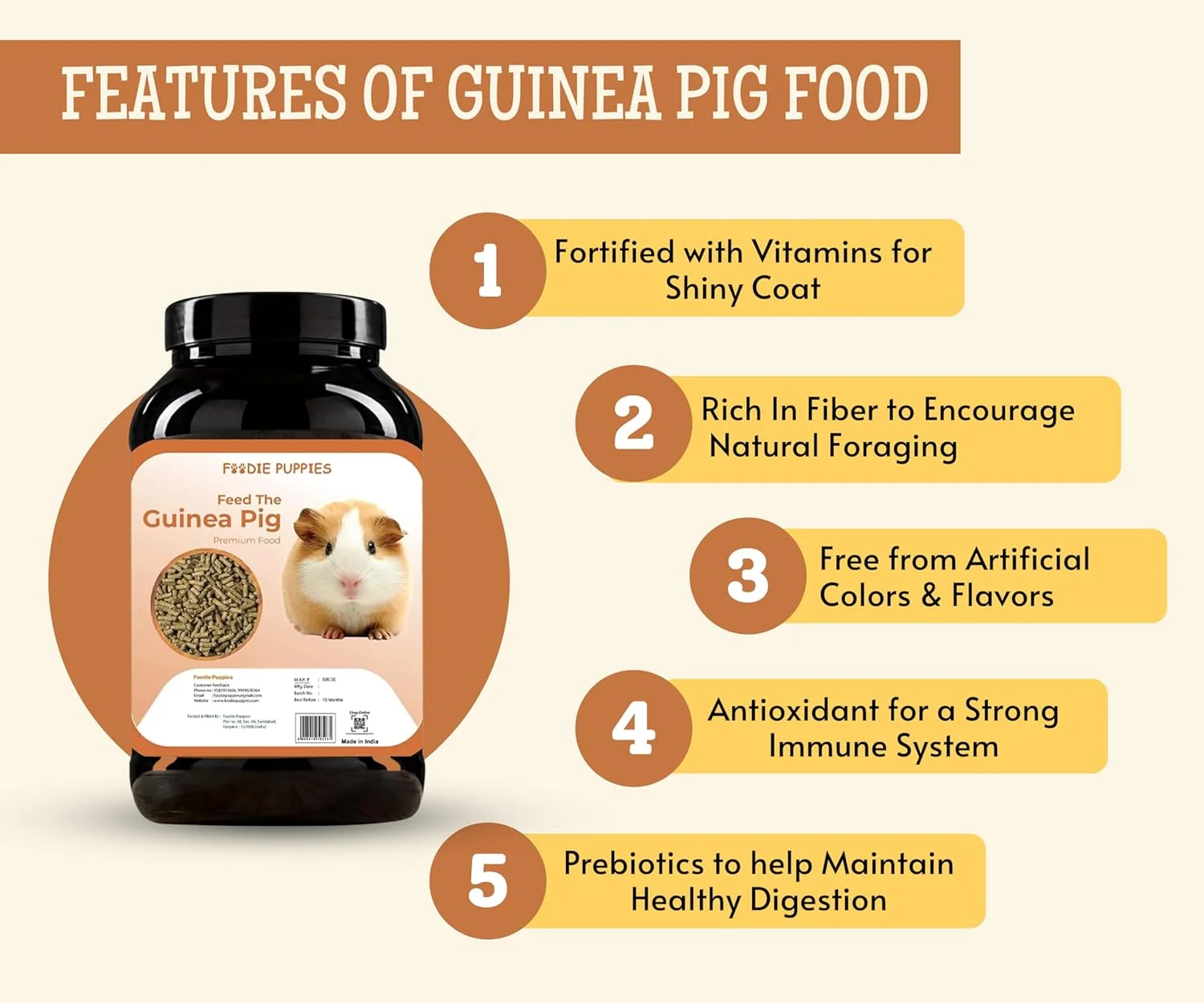 غذای پلت ممتاز خوکچه هندی فودی پاپیز | رژیم غذایی بسیار مغذی با مواد ضروری برای یک سبک زندگی سالم و فعال برای خوکچه های هندی بالغ و جوان (ظرف - غذای خوکچه هندی، 1 کیلوگرم)