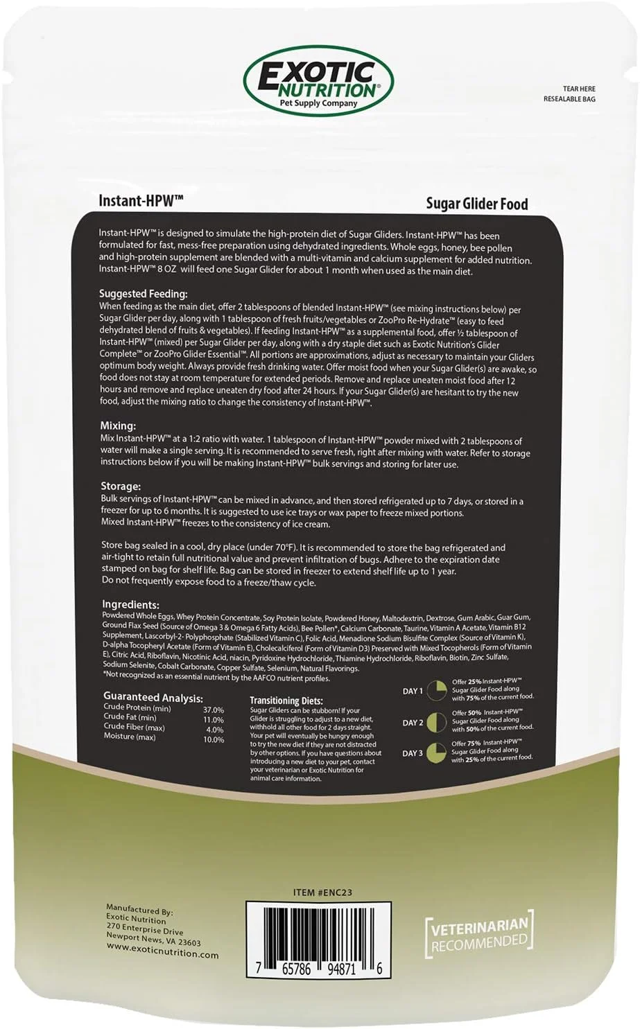 غذای سنجابک شکری غنی شده با ویتامین های طبیعی Exotic Nutrition Instant-HPW - غذای اصلی با پروتئین بالا (226 گرم)