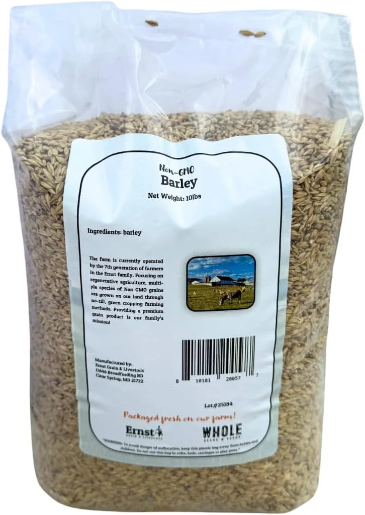 دانه و خوراک جو کامل غیر تراریخته ارنست گرین اند لایواستوک - دانه درجه یک خوراکی برای دام، طیور و حیوانات کوچک - کیسه قابل حمل 4.5 کیلوگرمی - خالص، فرآوری نشده، غنی از مواد مغذی