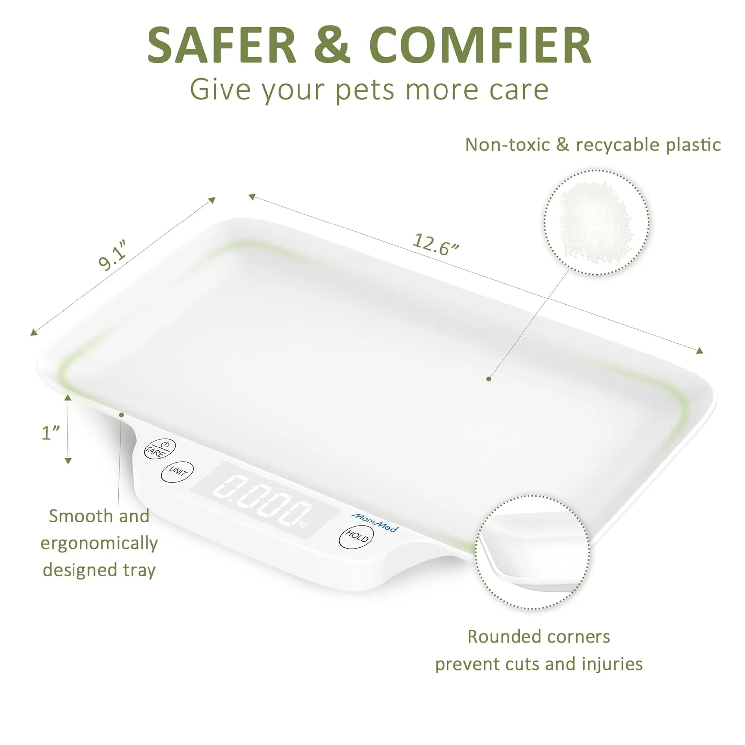 ترازوی دیجیتال حیوانات خانگی MomMed، ترازوی قابل حمل سگ و گربه با عملکرد Hold و Tare، ترازوی دیجیتال دقیق، ترازوی نوزاد توله سگ و بچه گربه با سینی برای توله سگ/همستر/پرنده کوچک/خرگوش، 30 گرم - 15 کیلوگرم