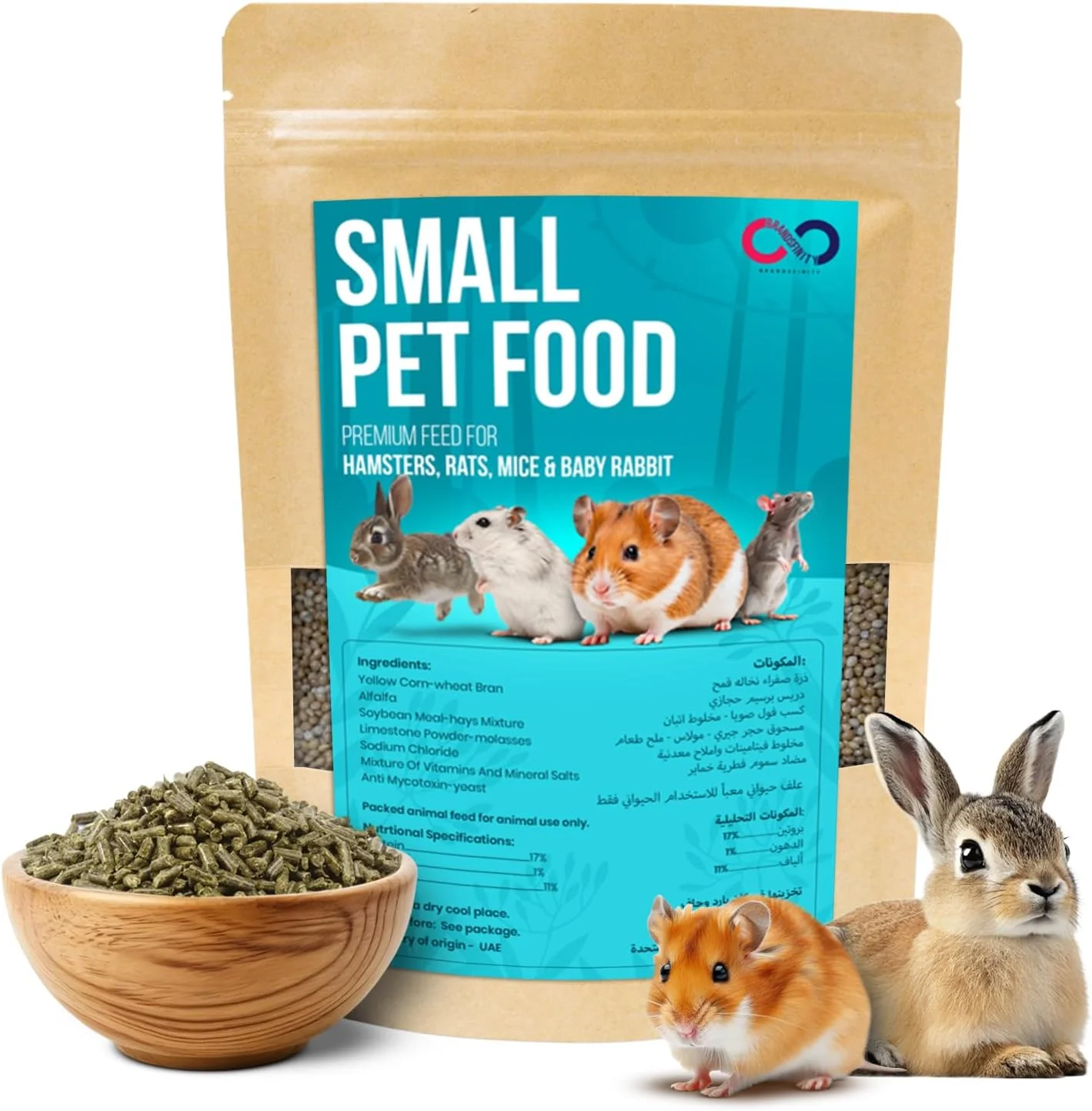 غذای حیوانات کوچک برندزفینیتی ۱ کیلوگرمی - برای همستر، خوکچه هندی، خرگوش، شوگر گلایدر، چینچیلا و موش - مخلوط روزانه با یونجه، ذرت و سویا - غذای مکمل برای تغذیه حیوانات خانگی کوچک