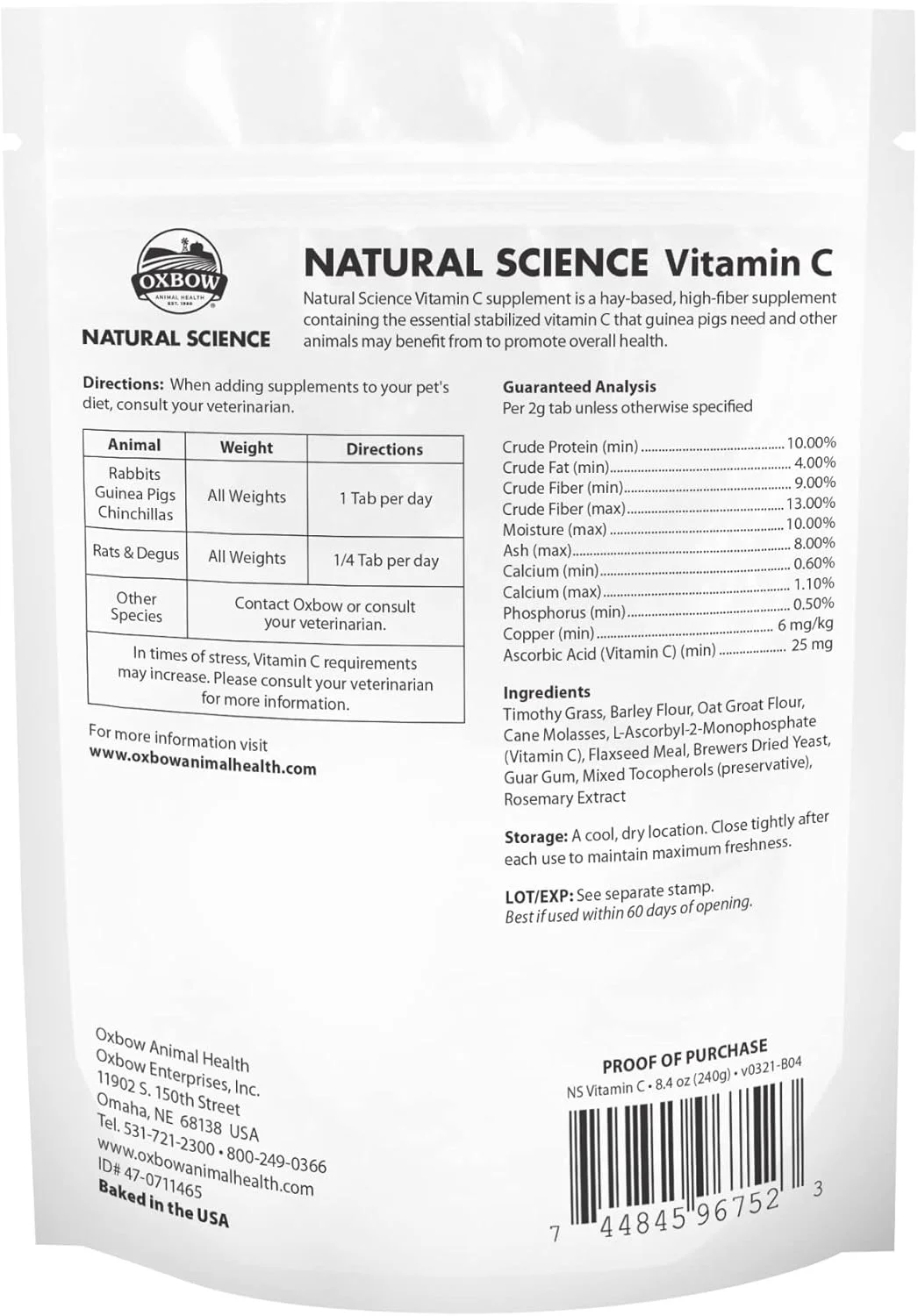 مکمل ویتامین C نچرال ساینس آکسبو برای حیوانات - ویتامین C برای خوکچه هندی و سایر حیوانات کوچک، 238 گرم