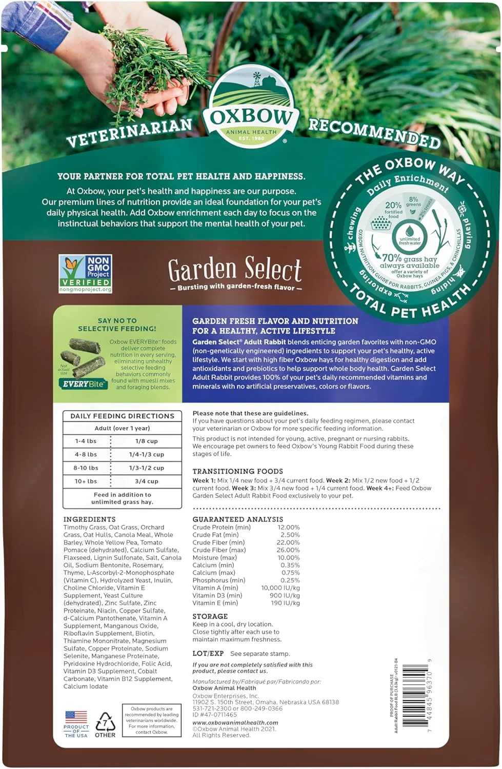 غذای خرگوش بالغ آکس بو، فرمولاسیون باغی برای خرگوش های بالغ، بدون سویا یا گندم، غیر تراریخته، ساخت آمریکا، کیسه 8 پوندی