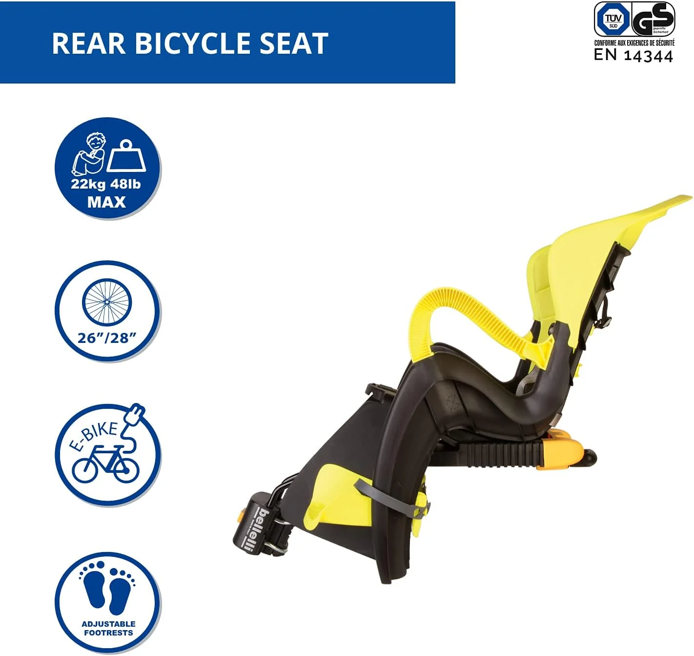 صندلی عقب دوچرخه کودک بللی مدل تایگر - مناسب برای کودکان تا 22 کیلوگرم، از 3 تا 8 سال - نصب روی بدنه