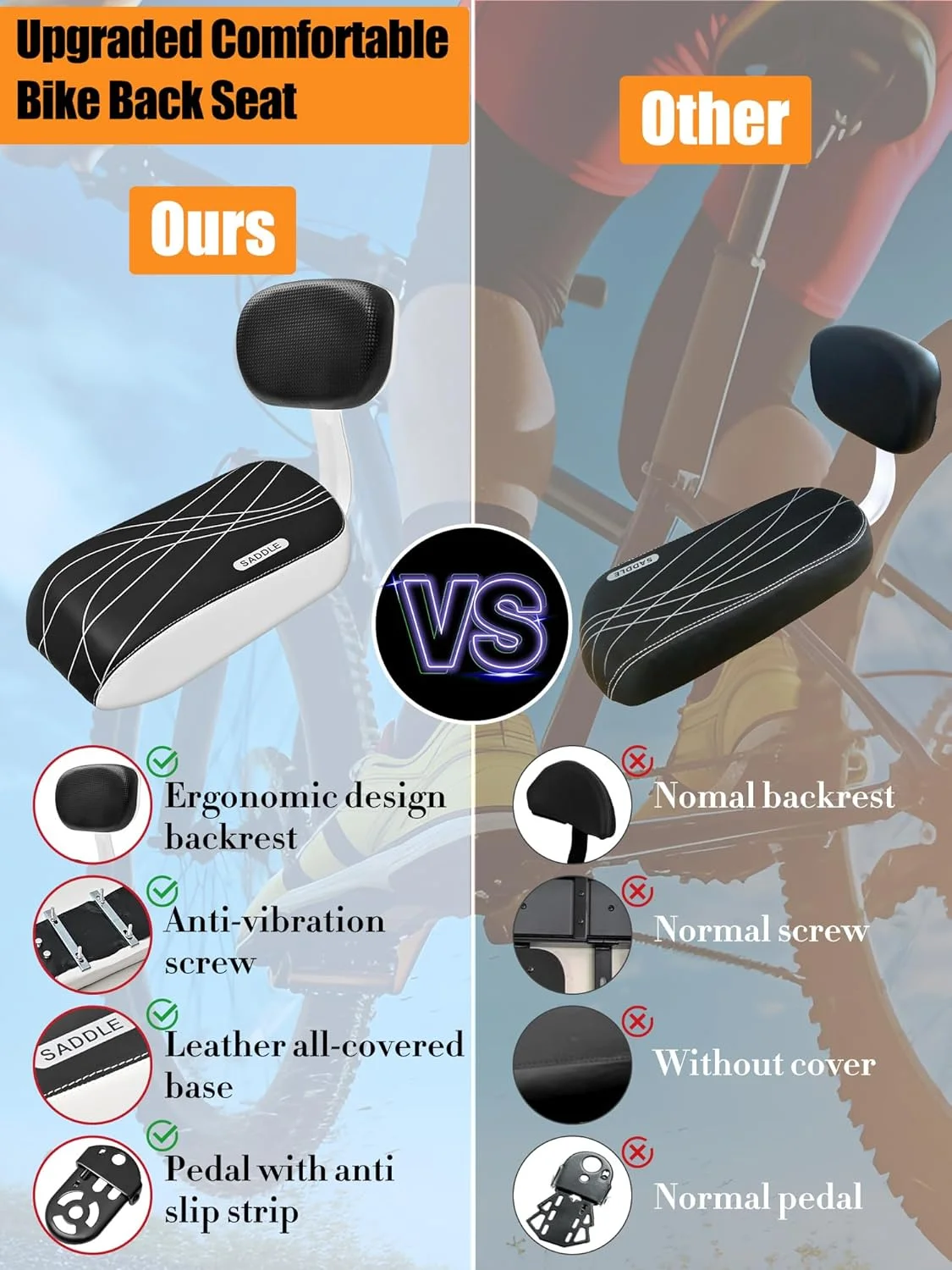 صندلی عقب دوچرخه کودک با پشتی، صندلی عقب دوچرخه کودک با تکیه گاه، صندلی عقب دوچرخه با دستگیره ایمنی و جاپایی، مناسب برای کودکان بالای 5 سال