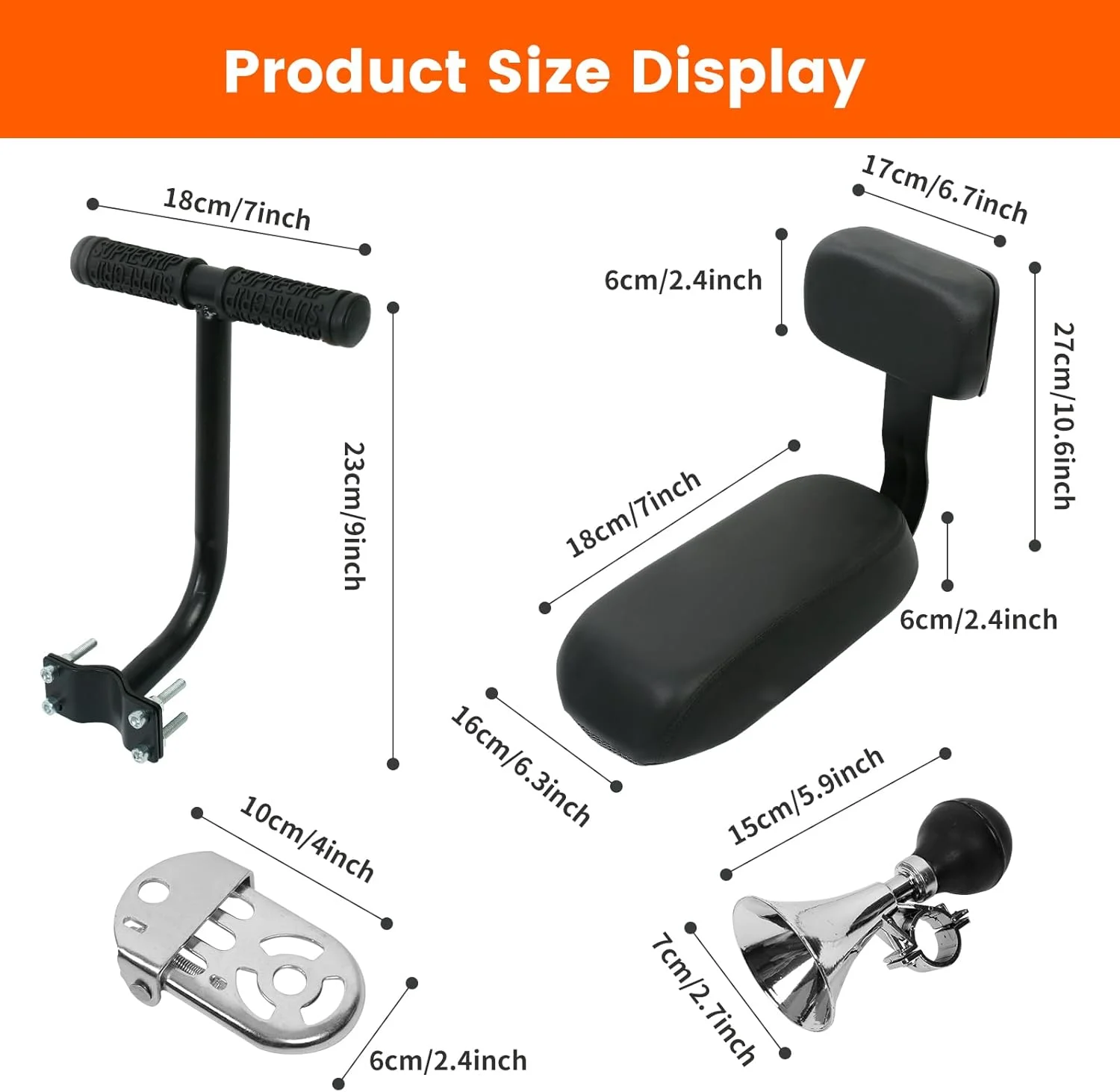 صندلی عقب دوچرخه کودک با پشتی، صندلی عقب دوچرخه کودک با تکیه گاه، صندلی عقب دوچرخه با بالشتک، دسته محافظ ایمنی، جا دستی، پدال پا، مناسب برای کودکان بالای 5 سال