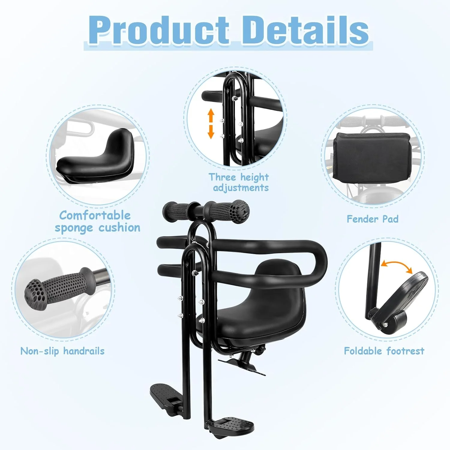 صندلی دوچرخه کودک - نصب در جلو، صندلی دوچرخه کودک برای دوچرخه بزرگسالان، صندلی دوچرخه کودک جمع شونده نصب شده در جلو، صندلی دوچرخه کودک نوپا برای کودکان 8 ماهه تا 4+ ساله، مشکی