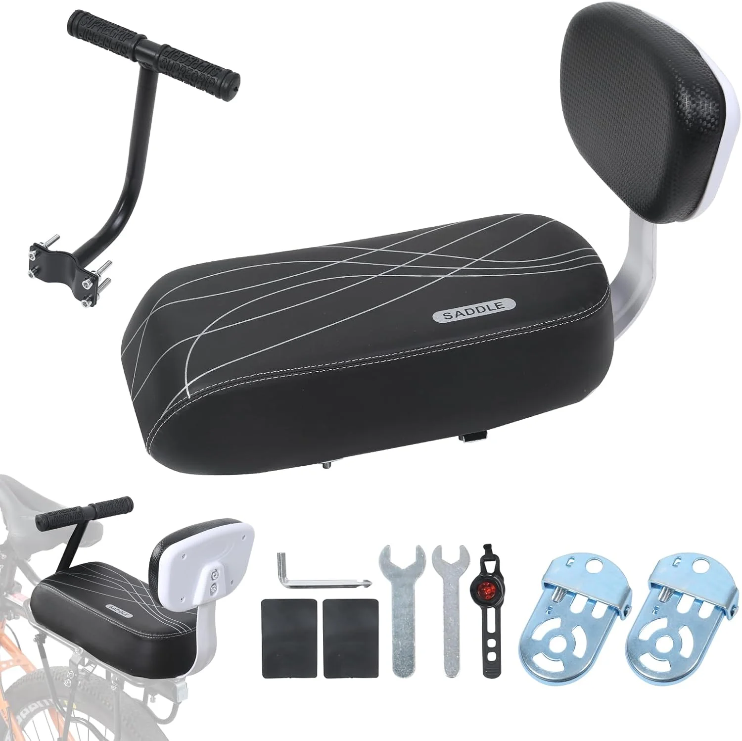 صندلی عقب دوچرخه کودک با پشتی، زین راحت دوچرخه مسافر با دسته، جاپایی، صندلی عقب برای کودکان بالای 5 سال یا بزرگسالان