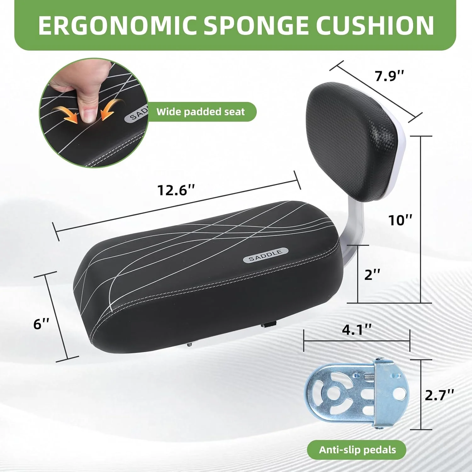 صندلی عقب دوچرخه کودک با پشتی، زین راحت دوچرخه مسافر با دسته، جاپایی، صندلی عقب برای کودکان بالای 5 سال یا بزرگسالان