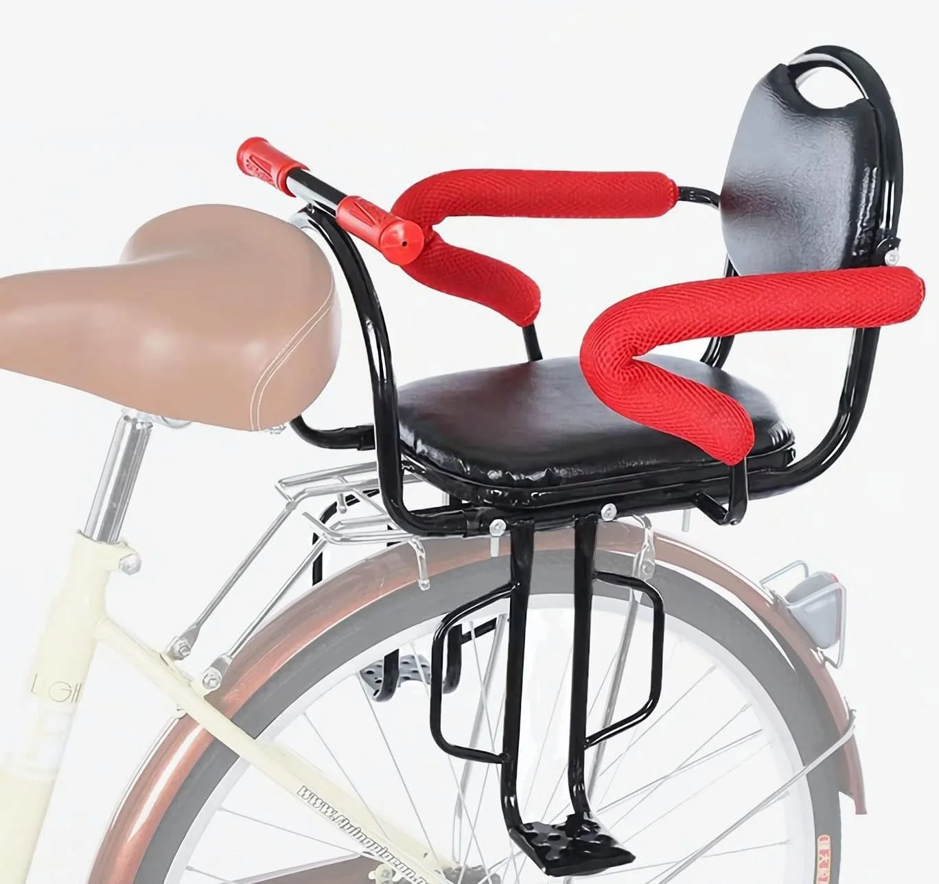 صندلی عقب دوچرخه آکاسیا، صندلی پشتی کودک با بالشتک ضخیم، دسته استراحت جداشدنی، مجموعه تکیه گاه دست و جاپایی