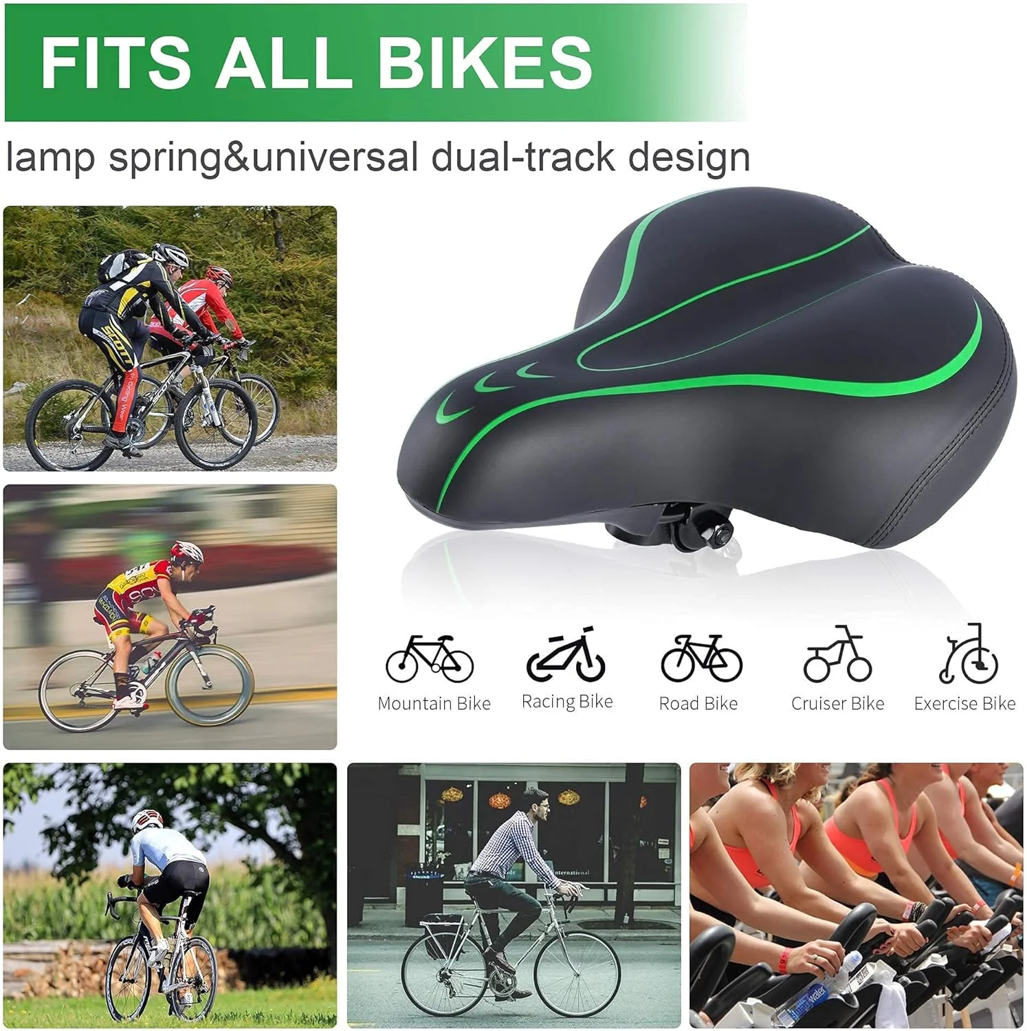 صندلی دوچرخه مردانه راحت، فوم نرم چرم پهن، زین دوچرخه، ضد آب، سیستم تعلیق فنری دوتایی، جذب کننده ضربه، دوچرخه کوهستانی، صندلی دوچرخه زنانه یونیورسال (سبز)