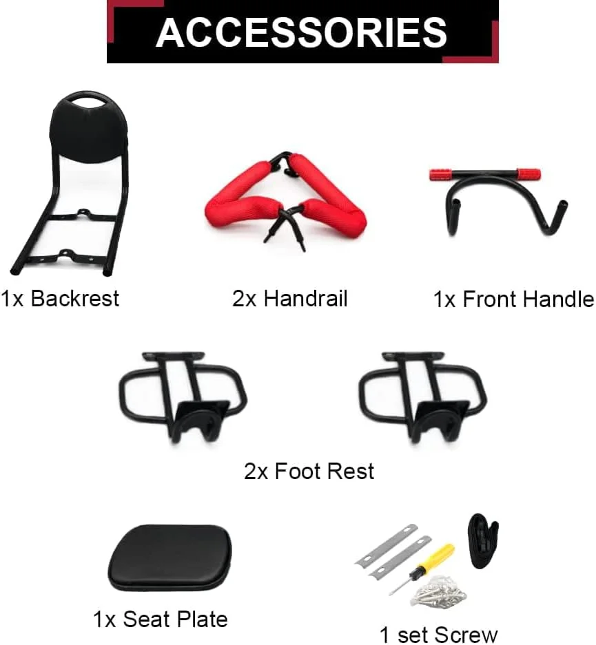 صندلی عقب دوچرخه آکاسیا، صندلی پشتی کودک با بالشتک ضخیم، دسته استراحت جداشدنی، مجموعه تکیه گاه دست و جاپایی صندلی عقب دوچرخه آکاسیا، صندلی پشتی کودک با بالشتک ضخیم، دسته استراحت جداشدنی، مجموعه تکیه گاه دست و جاپایی