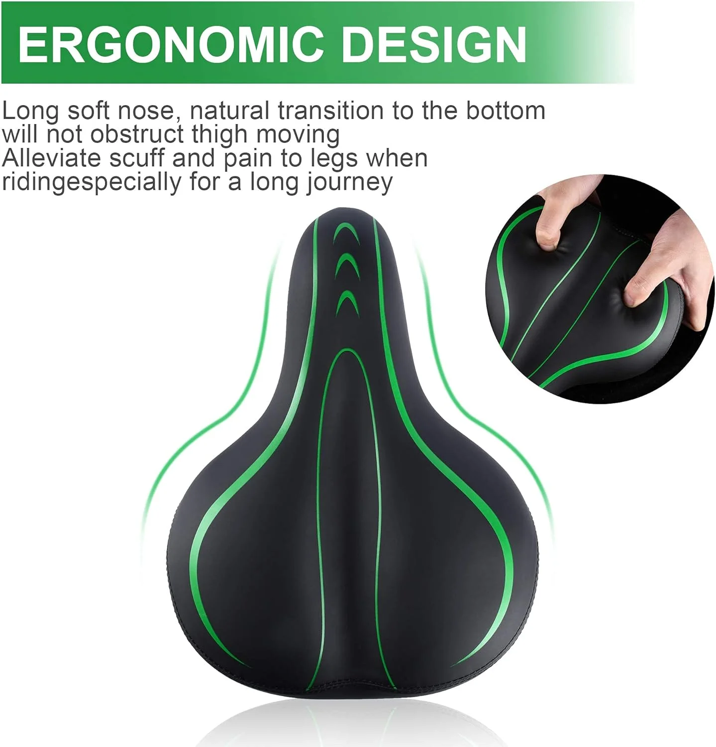 صندلی دوچرخه مردانه راحت، فوم نرم چرم پهن، زین دوچرخه، ضد آب، سیستم تعلیق فنری دوتایی، جذب کننده ضربه، دوچرخه کوهستانی، صندلی دوچرخه زنانه یونیورسال (سبز)