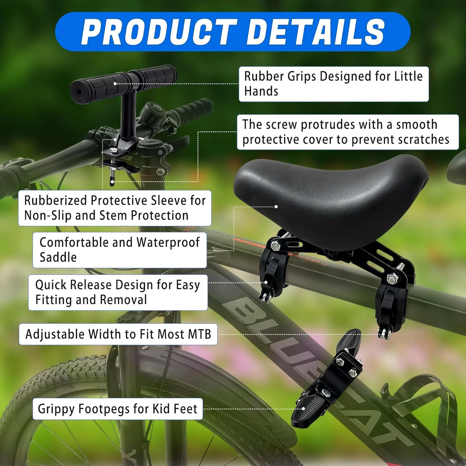 صندلی دوچرخه کودک نصب شده در جلو، صندلی کودک دوچرخه کوهستانی به همراه دسته و پدال پا مناسب برای کودکان 2 تا 5 سال، مناسب برای دوچرخه های شهری MTB و دوچرخه سواری والدین و فرزندان