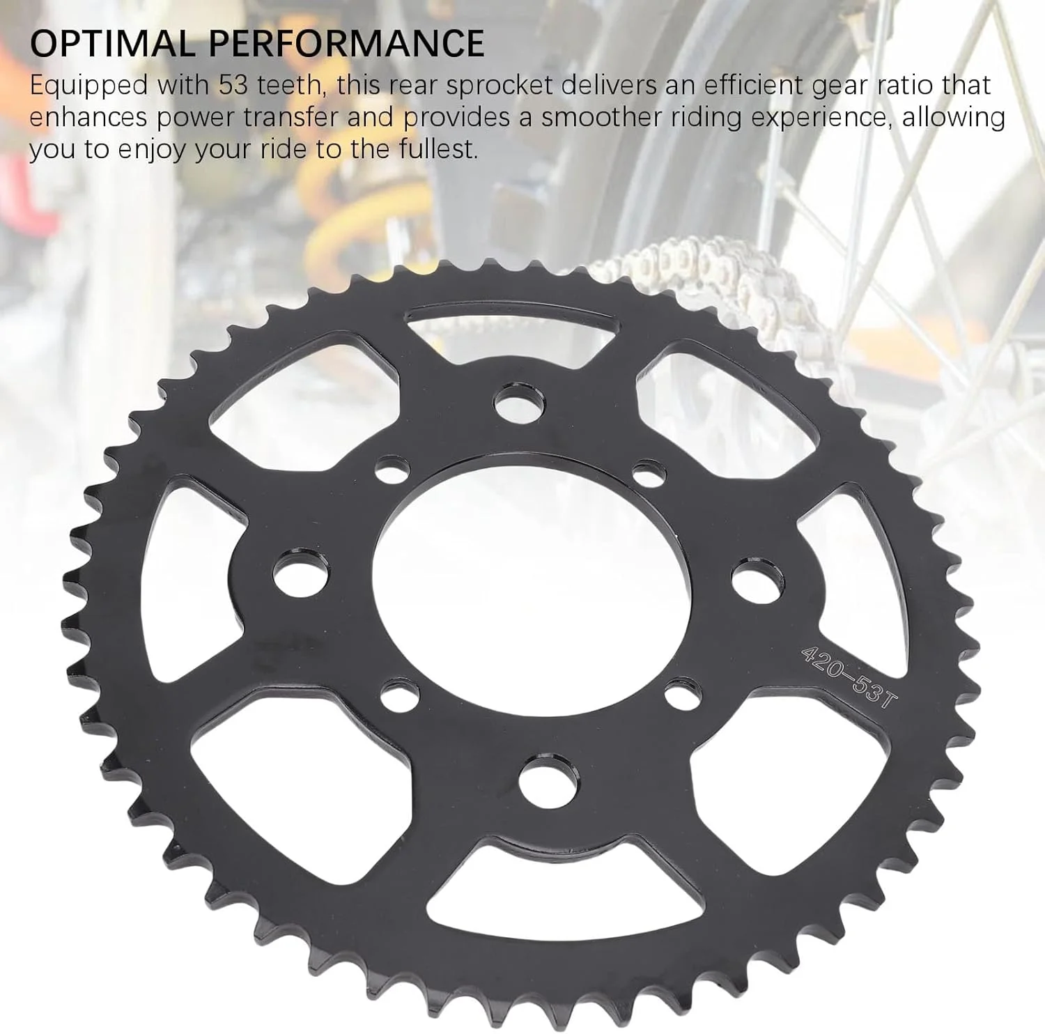 چرخ زنجیر عقب Cryfokt، آلیاژ فولادی 53T 420 موتور سیکلت، چرخ زنجیر عقب موتور با استحکام بالا و نسبت دنده کارآمد برای موتور سیکلت های 50 تا 160 میلی لیتر، قطر داخلی 76 میلی متر