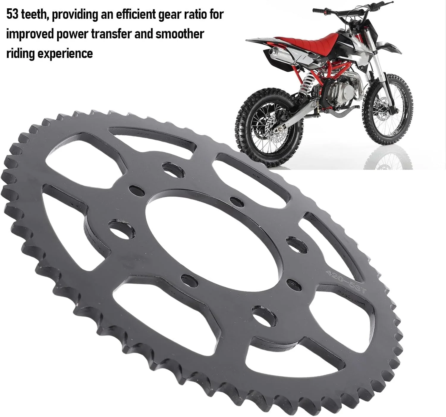 چرخ زنجیر عقب Cryfokt، آلیاژ فولادی 53T 420 موتور سیکلت، چرخ زنجیر عقب موتور با استحکام بالا و نسبت دنده کارآمد برای موتور سیکلت های 50 تا 160 میلی لیتر، قطر داخلی 76 میلی متر