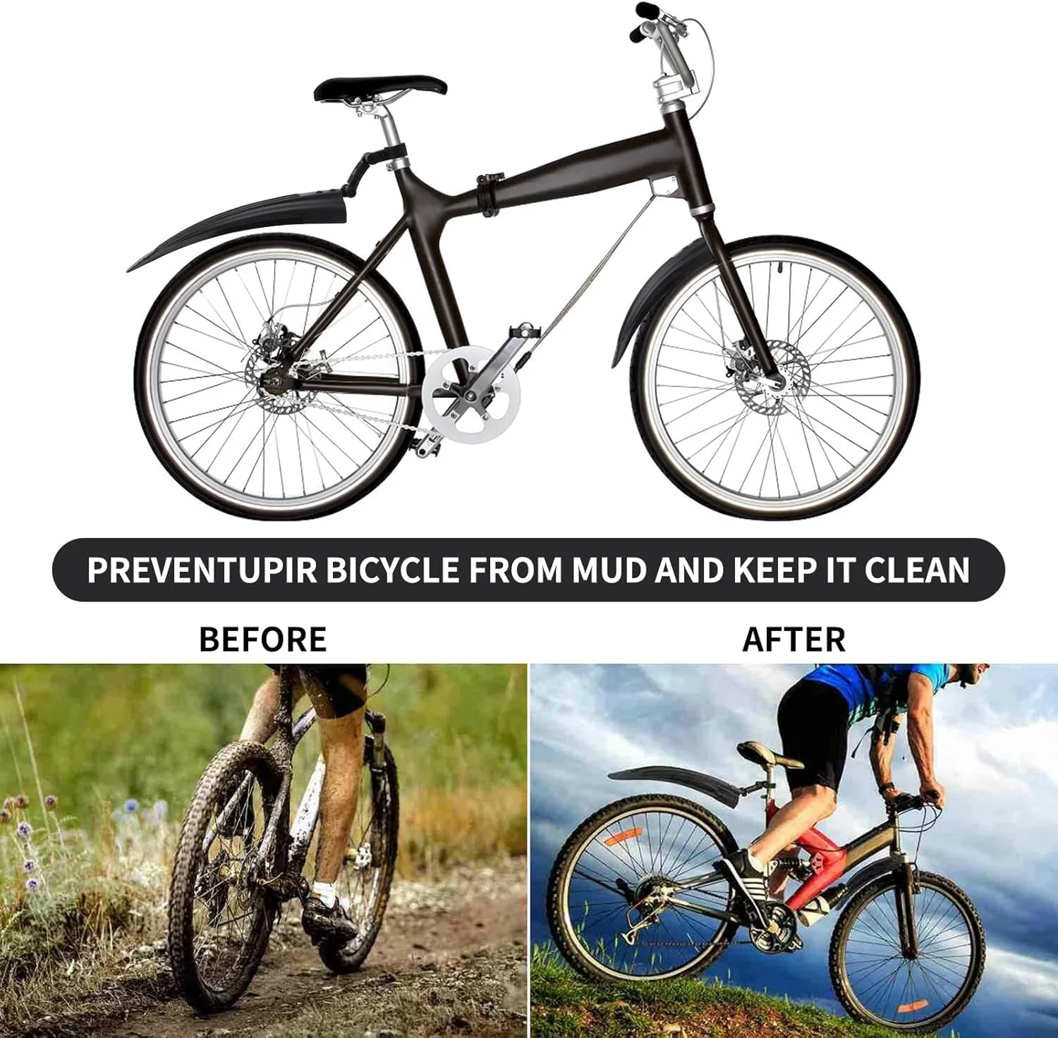 مجموعه گلگیر دوچرخه TERRIFI، مجموعه گلگیر قابل تنظیم جلو و عقب دوچرخه، مناسب برای سایز چرخ های 20، 22، 24، 26، 27، 28 اینچ، دوچرخه کوهستان و جاده