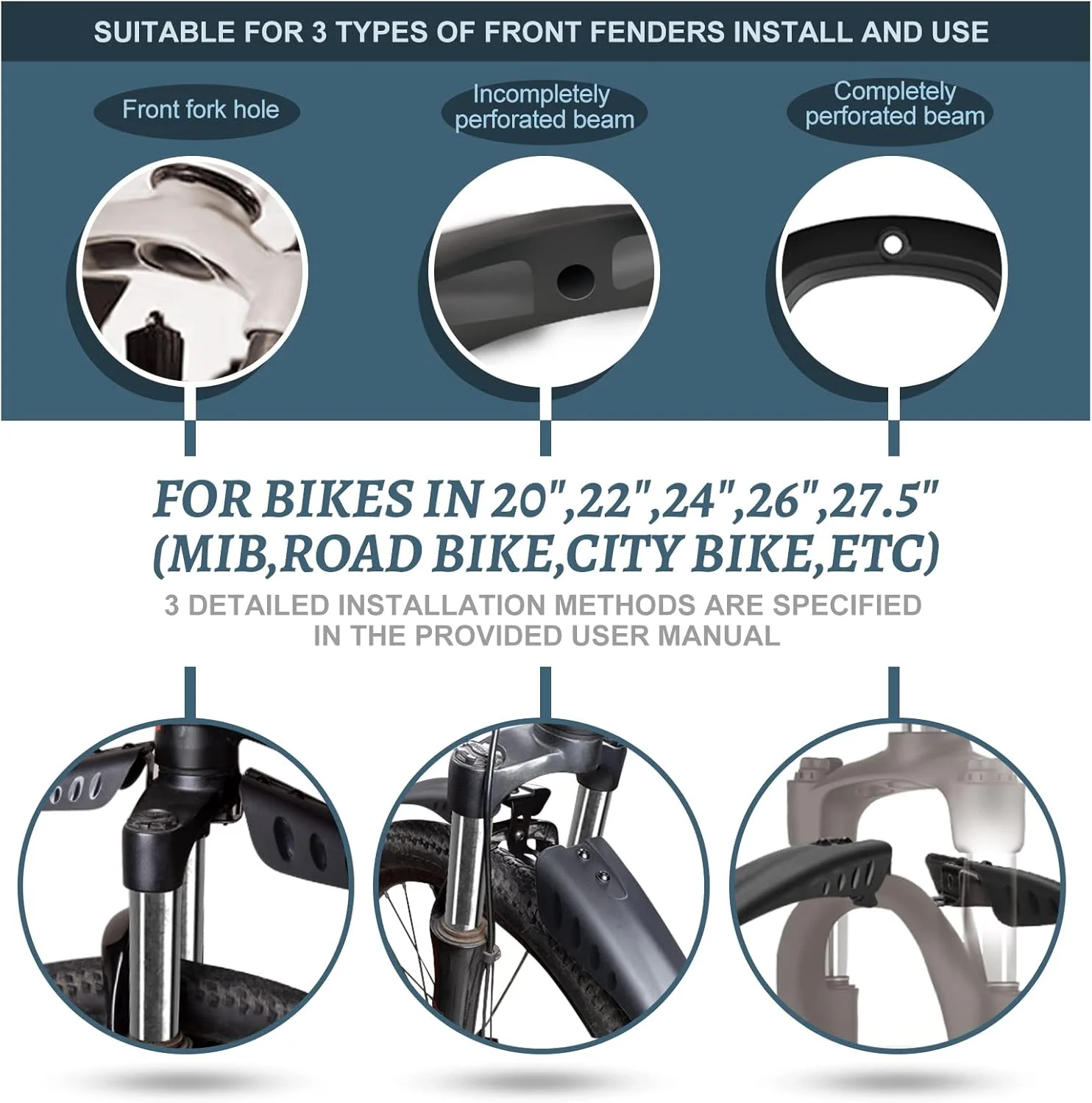 مجموعه گلگیر دوچرخه با نوار بازتابنده 8 متری، گلگیرهای قابل تنظیم برای دوچرخه های سایز 22/24/26/27.5 اینچ، 3 تکه - پوشش کامل جهانی ضخیم و پهن، محافظ گل و لای جلو/عقب مناسب برای دوچرخه های کوهستانی و جاده ای