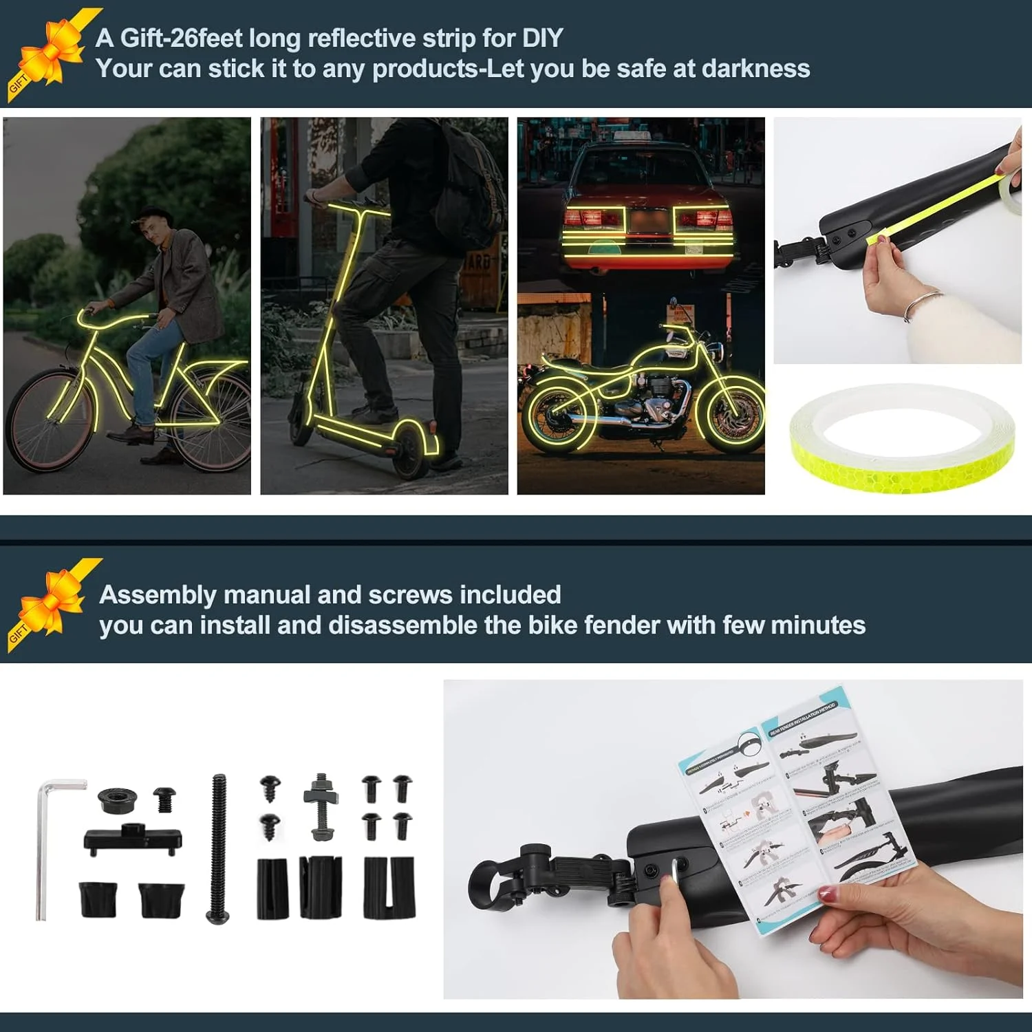 مجموعه گلگیر دوچرخه با نوار بازتابنده 8 متری، گلگیرهای قابل تنظیم برای دوچرخه های سایز 22/24/26/27.5 اینچ، 3 تکه - پوشش کامل جهانی ضخیم و پهن، محافظ گل و لای جلو/عقب مناسب برای دوچرخه های کوهستانی و جاده ای