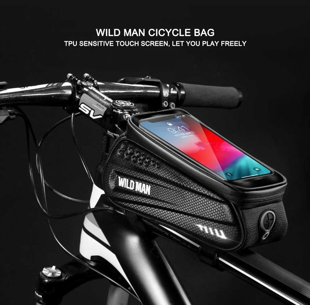 کیف ضد آب جلوی فرمان دوچرخه WILD MAN با محفظه لمسی تلفن همراه برای دوچرخه های کوهستانی و جاده (مشکی, ES3)