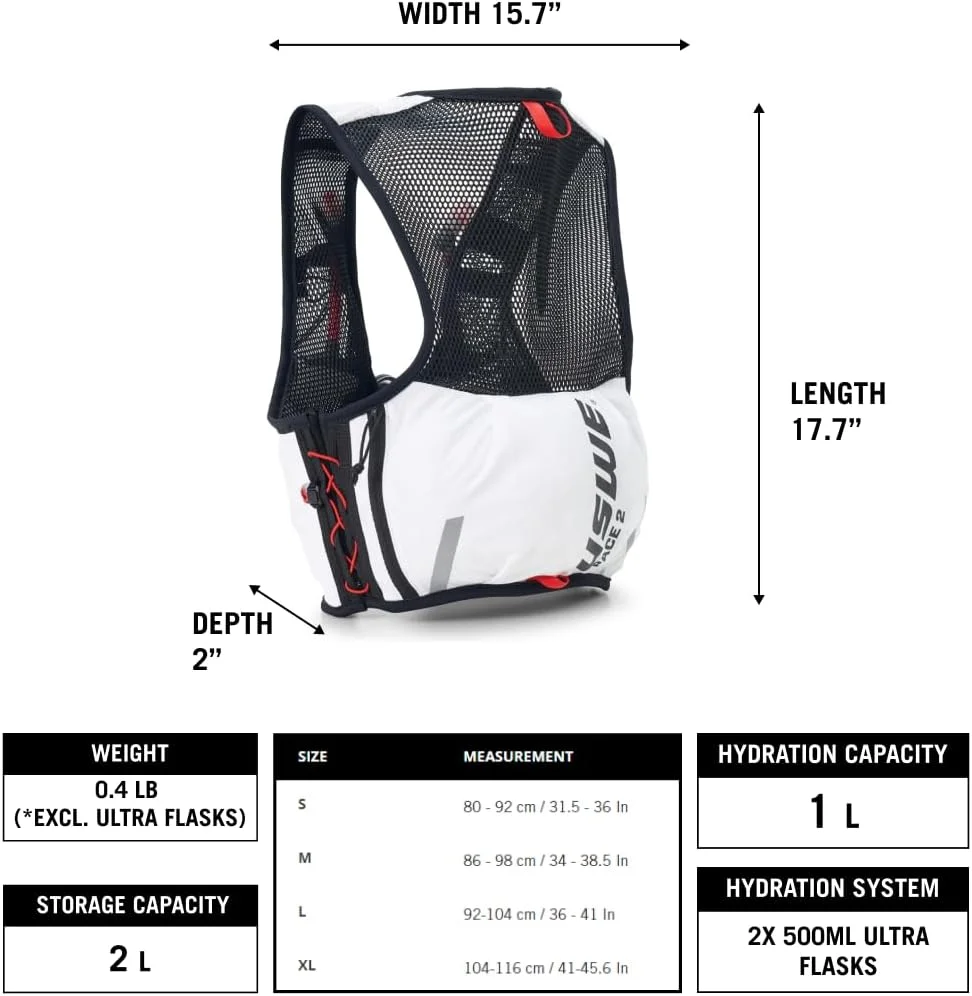 کوله پشتی دویدن USWE Pace 2L به همراه 2 عدد UltraFlask 500 میلی لیتری، کوله پشتی برای آقایان و بانوان، سفید مشکی، L-XL