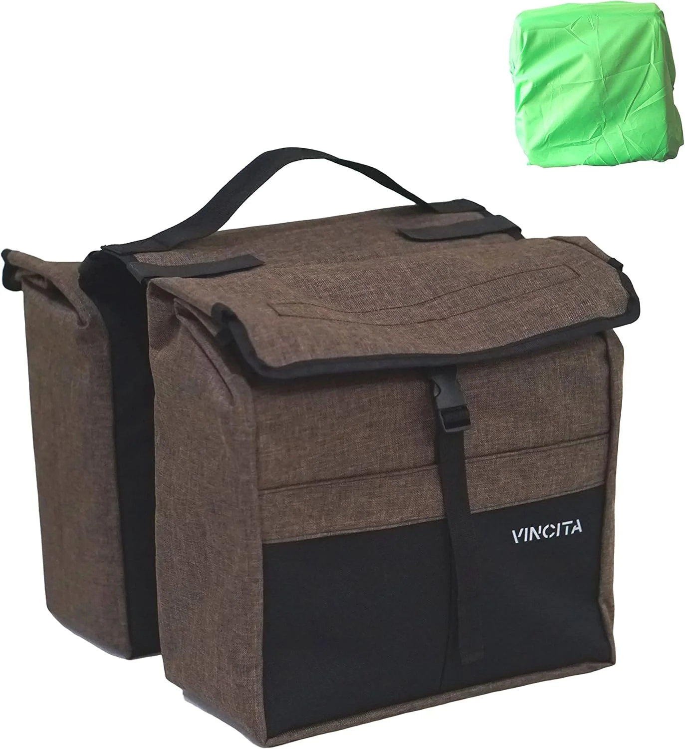 خورجین دو طرفه ضد آب وینسیتای با قابلیت بارگذاری از بالا - دارای روکش باران، بزرگ، دسته حمل، نقاط بازتابنده - کیف زین خورجینی برای ترک‌بند دوچرخه