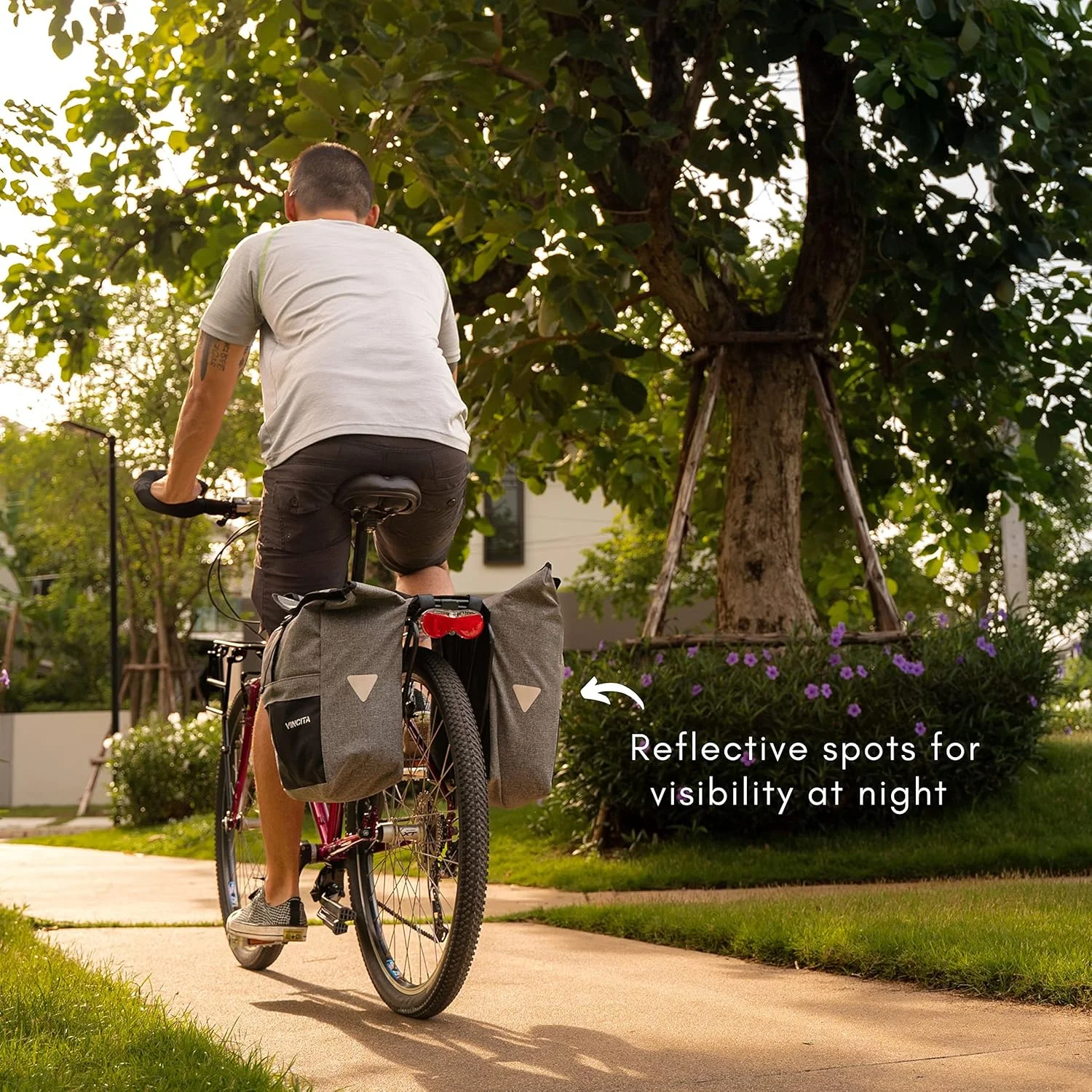 خورجین دو طرفه ضد آب وینسیتای با قابلیت بارگذاری از بالا - دارای روکش باران، بزرگ، دسته حمل، نقاط بازتابنده - کیف زین خورجینی برای ترک‌بند دوچرخه