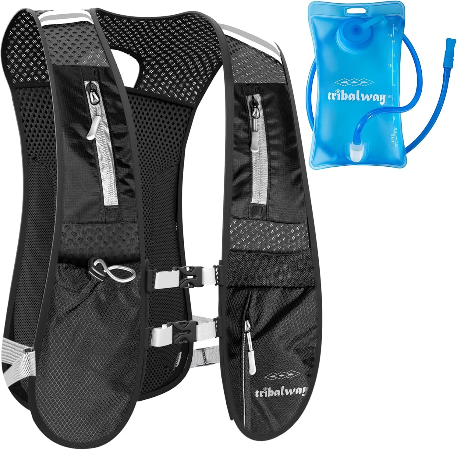 جلیقه دویدن با مخزن آب 1.5 لیتری - کوله پشتی آبرسانی سبک وزن برای آقایان و بانوان، طراحی تنفسی با نوارهای بازتابنده، نگهدارنده تلفن و بطری - مشکی