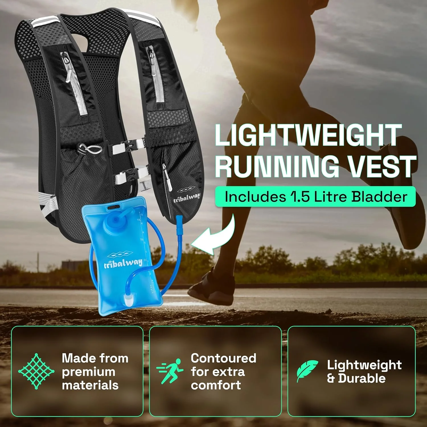 جلیقه دویدن با مخزن آب 1.5 لیتری - کوله پشتی آبرسانی سبک وزن برای آقایان و بانوان، طراحی تنفسی با نوارهای بازتابنده، نگهدارنده تلفن و بطری - مشکی