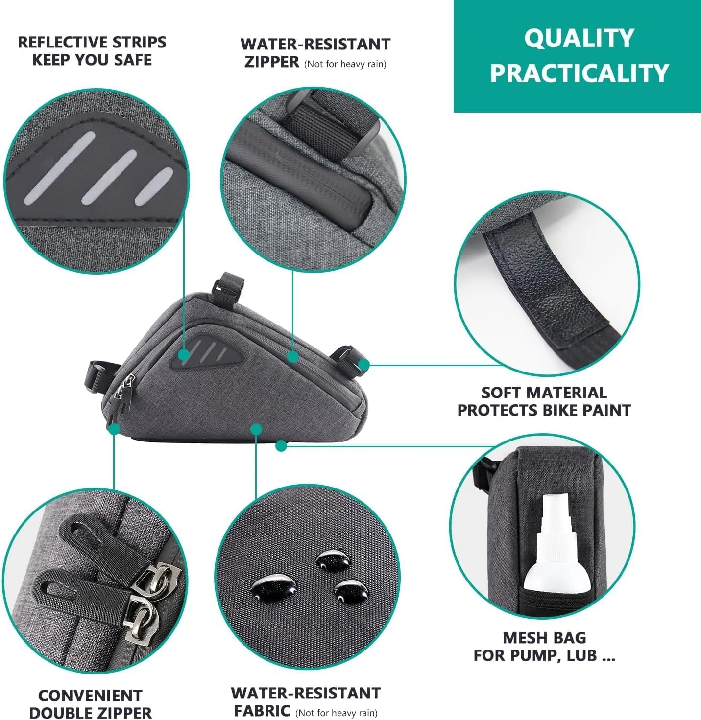 کیف مثلثی دوچرخه، کیف لوله بالایی دوچرخه، کیف ضد آب بدنه با جیب های متعدد، کیف بدنه جلویی برای دوچرخه، کیف لوازم جانبی لوله بالایی، بسته لوازم جانبی دوچرخه سواری