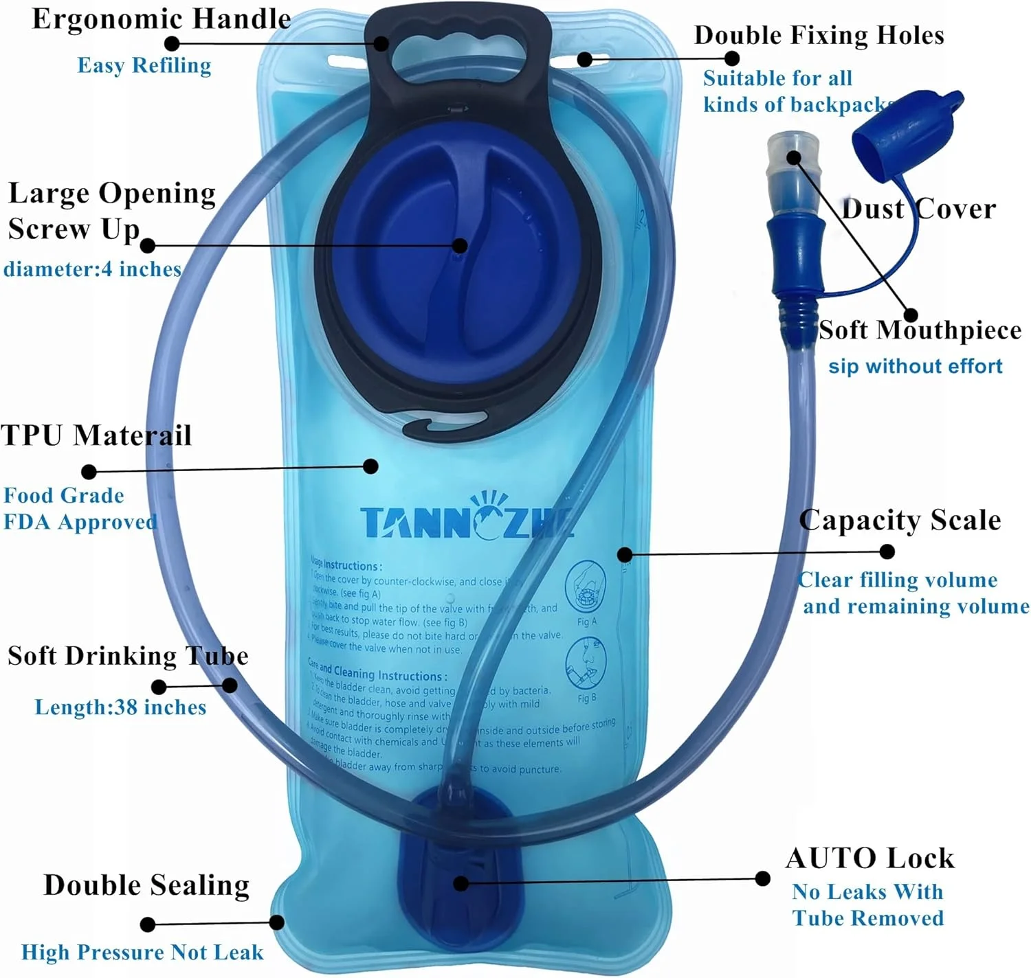 کیسه آب کوهنوردی 2 لیتری آبی رنگ، 18 * 10 * 1.8، مناسب کوله پشتی های ترکینگ