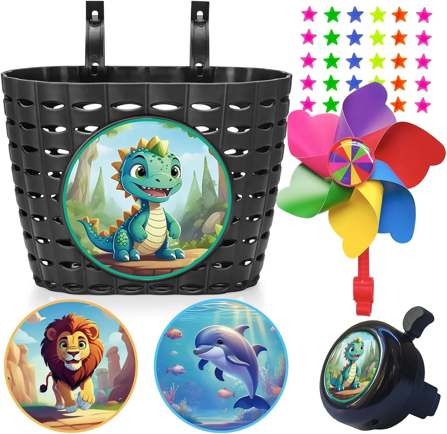 سبد دوچرخه بچگانه، سبد فرمان دوچرخه کودکان به همراه استیکر، زنگ دوچرخه، آسیاب بادی و مهره های چرخ دوچرخه، لوازم جانبی تزئینی دوچرخه برای دختران و پسران