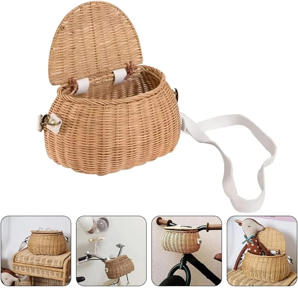 کوله پشتی حصیری کوچک کودکانه SYOSI، سبد دوچرخه حصیری دست ساز کودکان، سبد پشتی کوچک بافته شده با درب و بند شانه، کیف پیک نیک فضای باز برای پسران و دختران، 1 عدد، زرد روشن