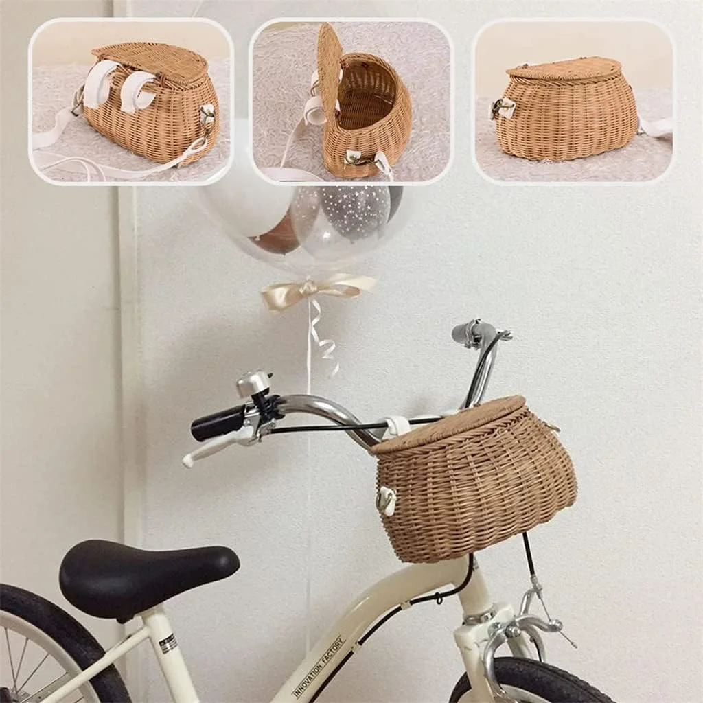 کوله پشتی حصیری کوچک کودکانه SYOSI، سبد دوچرخه حصیری دست ساز کودکان، سبد پشتی کوچک بافته شده با درب و بند شانه، کیف پیک نیک فضای باز برای پسران و دختران، 1 عدد، زرد روشن