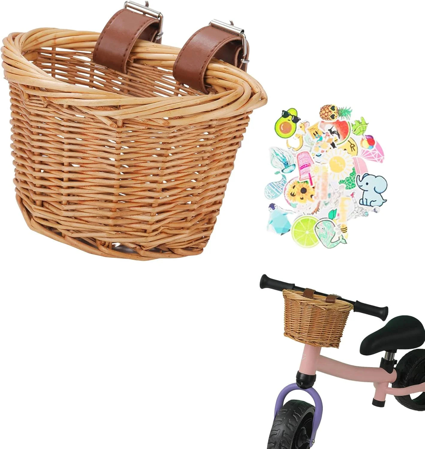 سبد اسکوتر کودک، مجموعه سبد و تزیینات دوچرخه کودک - سبد حصیری فرمان، زنگ و استیکر برای کودکان، تزیین جلوی سبد برای دختران