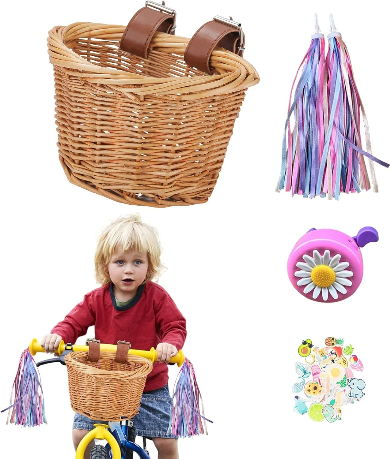 سبد دوچرخه کودک | ست سبد حصیری فرمان دوچرخه کودکانه - زنگ و استیکر، تزئین جلوی سبد برای دختران