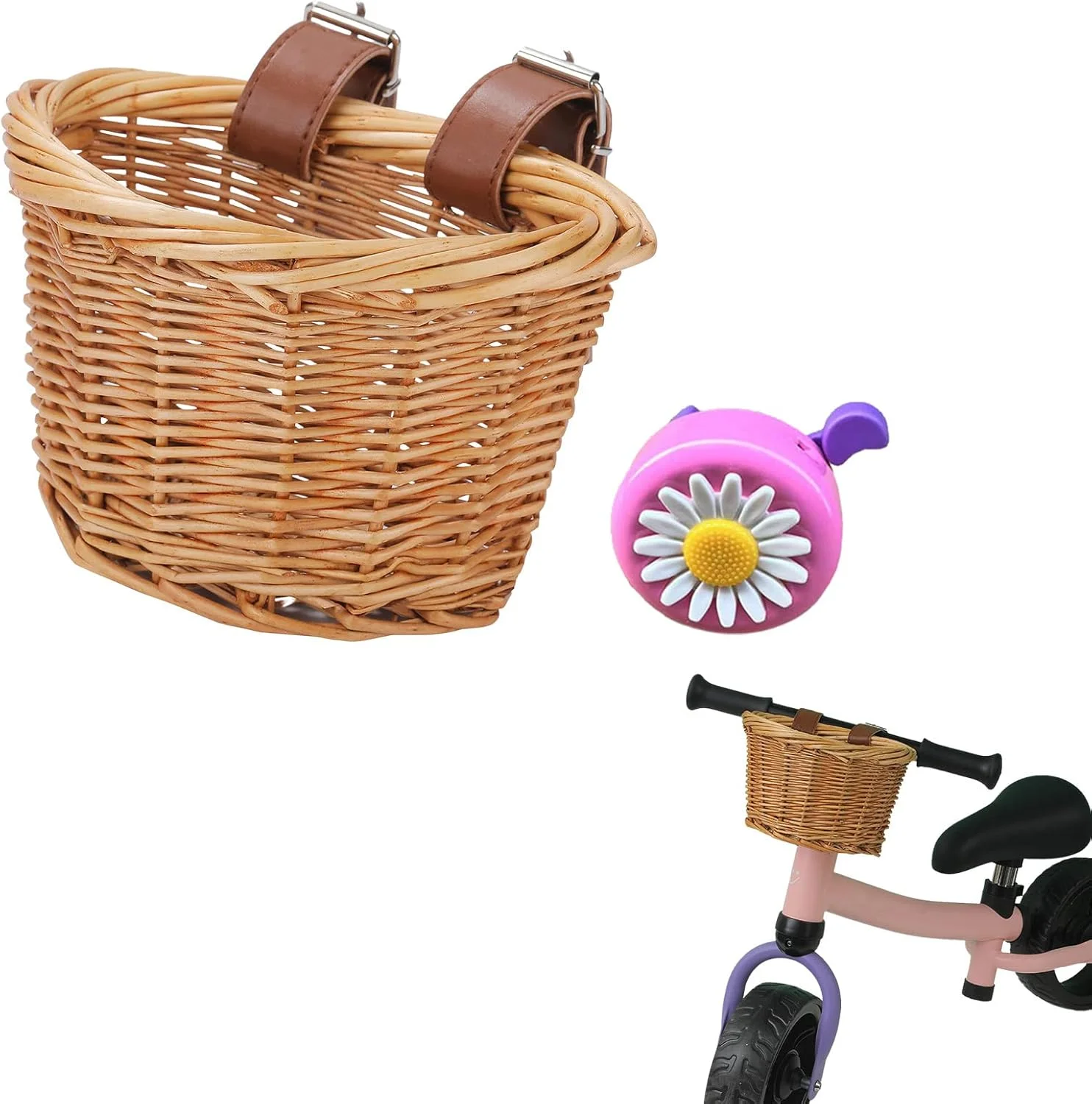 سبد دوچرخه - ست سبد دوچرخه کودکانه، سبد حصیری فرمان دوچرخه بچه گانه با زنگ و برچسب، تزئین جلوی سبد برای دختران
