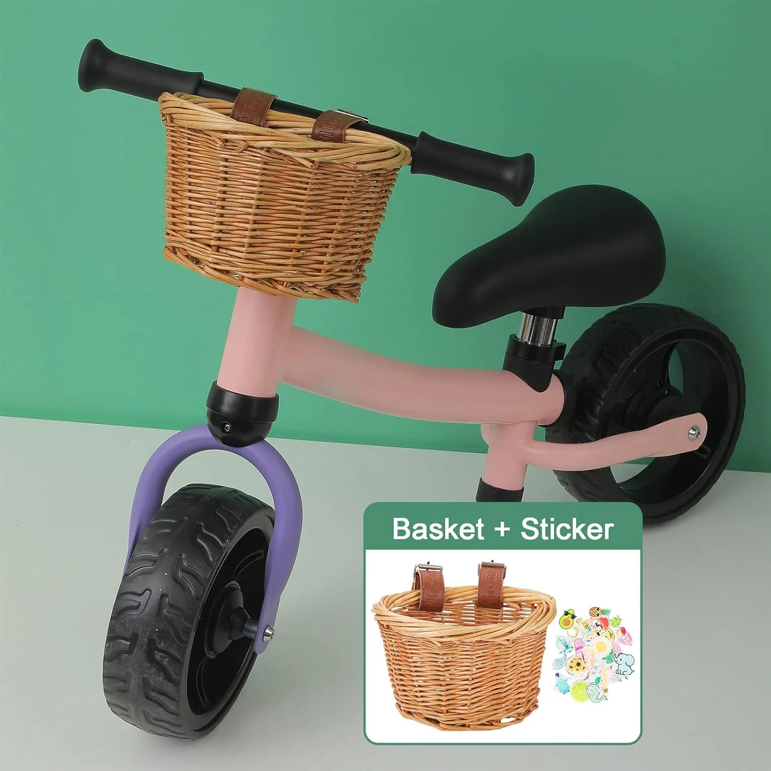 سبد اسکوتر کودک، مجموعه سبد و تزیینات دوچرخه کودک - سبد حصیری فرمان، زنگ و استیکر برای کودکان، تزیین جلوی سبد برای دختران