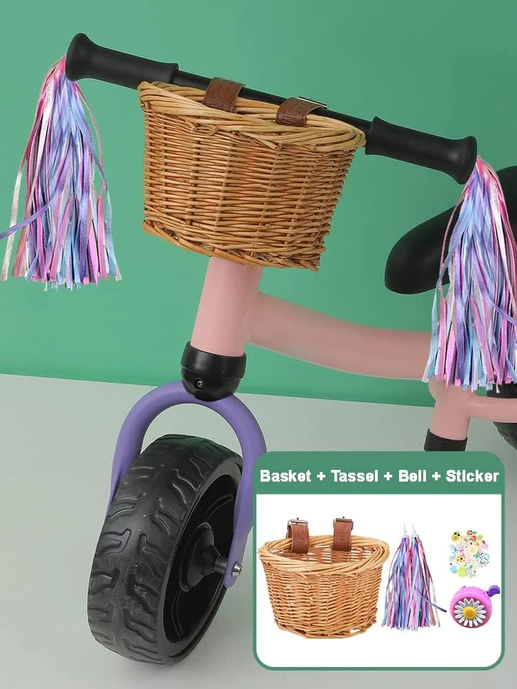 سبد دوچرخه کودک | ست سبد حصیری فرمان دوچرخه کودکانه - زنگ و استیکر، تزئین جلوی سبد برای دختران