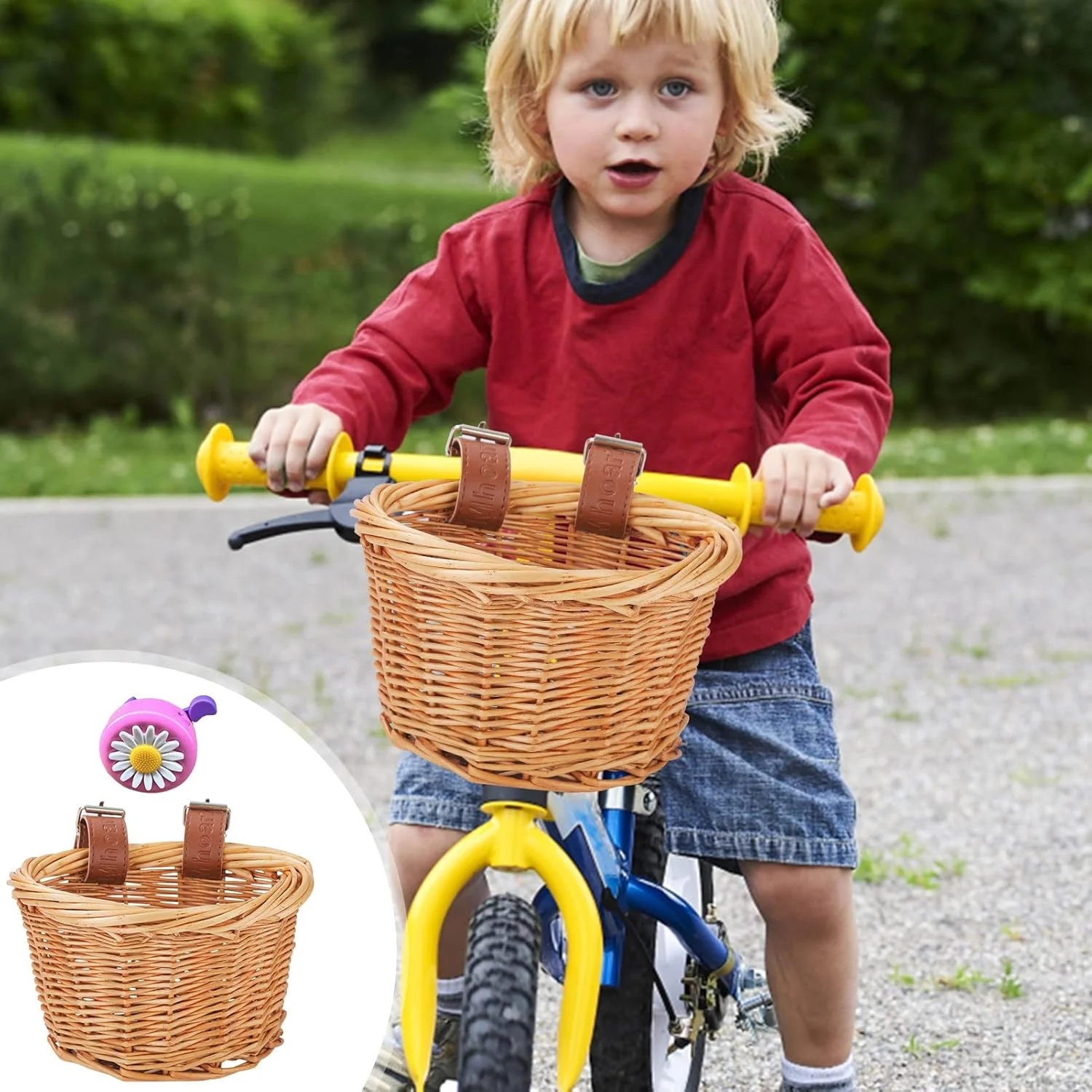 سبد دوچرخه - ست سبد دوچرخه کودکانه، سبد حصیری فرمان دوچرخه بچه گانه با زنگ و برچسب، تزئین جلوی سبد برای دختران