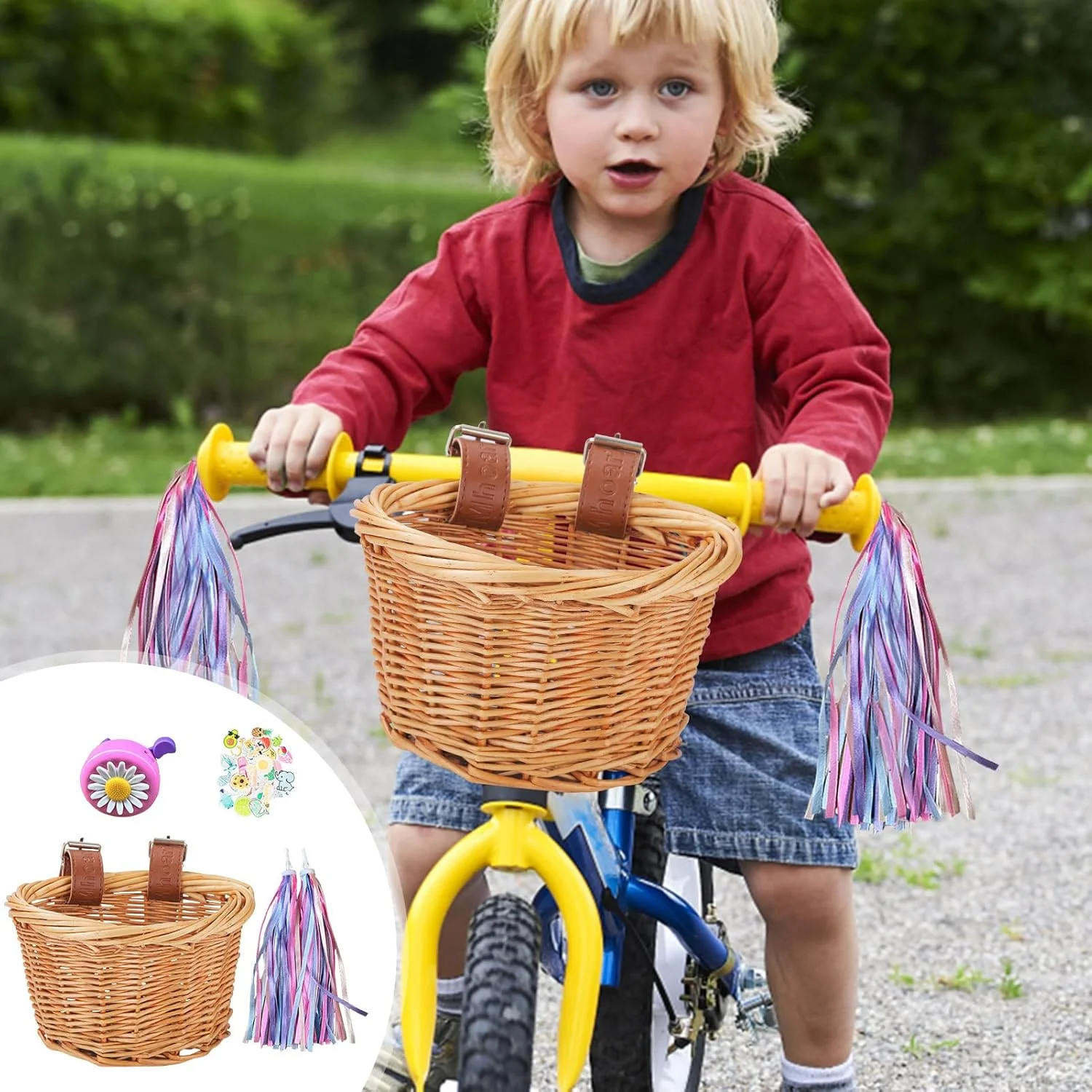 سبد دوچرخه کودک | ست سبد حصیری فرمان دوچرخه کودکانه - زنگ و استیکر، تزئین جلوی سبد برای دختران