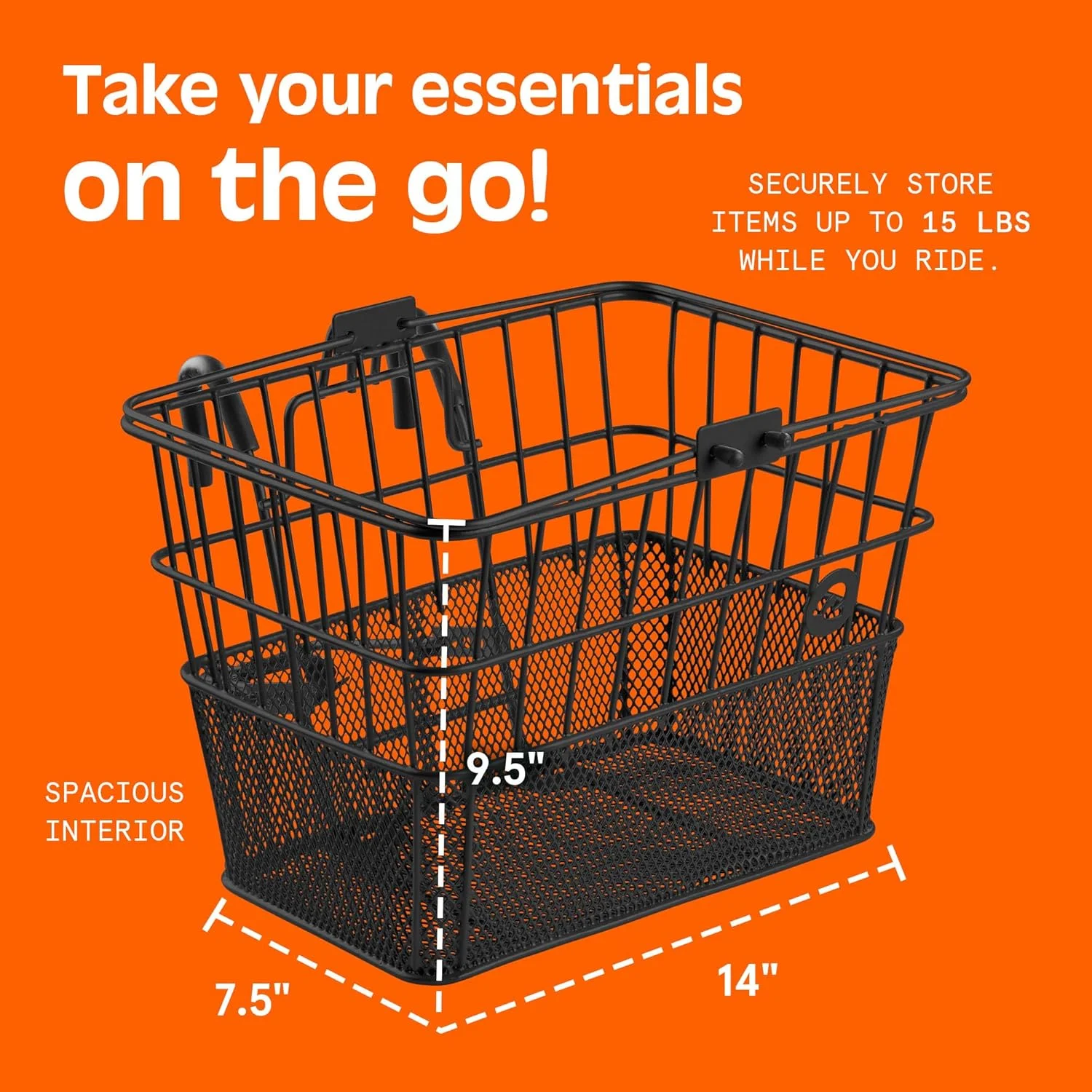 سبد دوچرخه آپولو نیمه توری فولادی جداشدنی با دستگیره های داخلی، فولاد مقاوم در برابر آب و هوا و قلاب های یکپارچه برای نصب آسان روی فرمان جلو