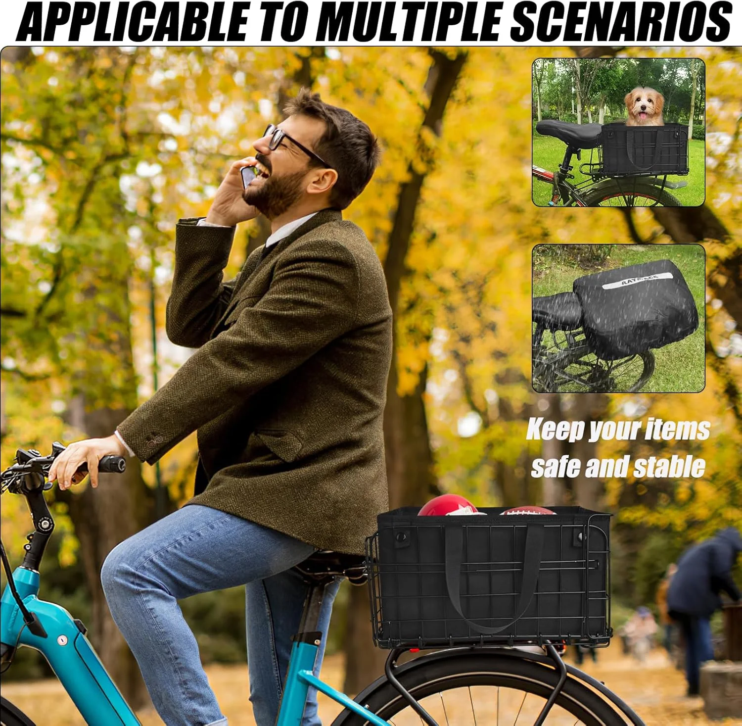 سبد عقب دوچرخه RAYMACE، سبد دوچرخه با آستر جداشدنی، روکش ضد باران و توری بار، سبدهای تاشو دوچرخه برای بزرگسالان، طراحی رهاسازی سریع مناسب برای اکثر باربندهای عقب دوچرخه