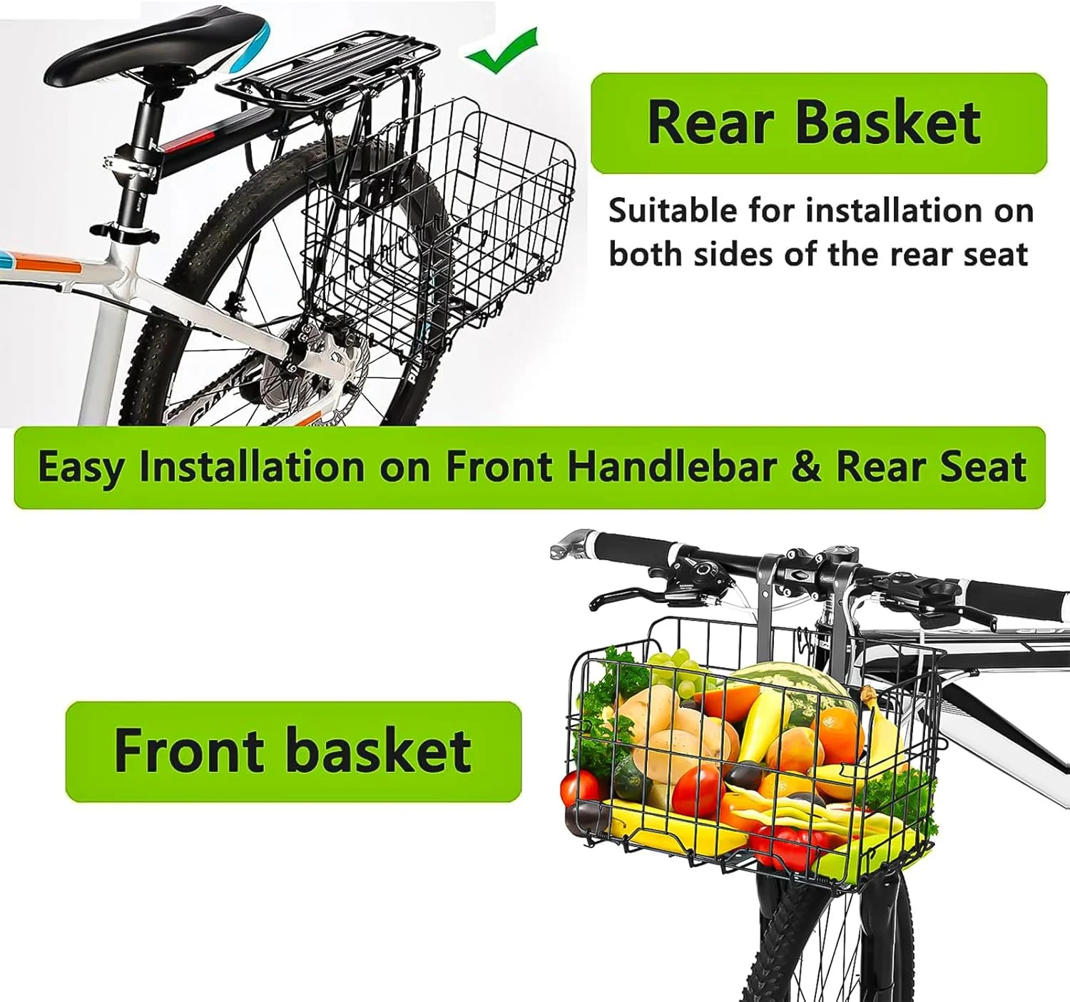 سبد تاشو دوچرخه، سبد سیمی ضد زنگ و قابل جابجایی، سبد بار برای دوچرخه، نصب آسان روی فرمان جلو و صندلی عقب برای لوازم جانبی دوچرخه کوهستانی، کیف سبد دوچرخه، قفسه بار