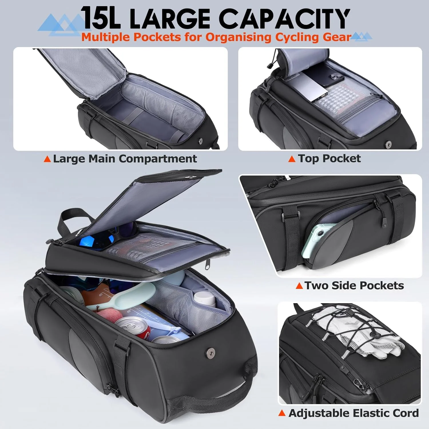 کیف های دوچرخه RAINSMORE برای ترک بند عقب دوچرخه 15 لیتری ضد آب خورجین صندوق عقب دوچرخه برقی با روکش باران کوله پشتی دوچرخه