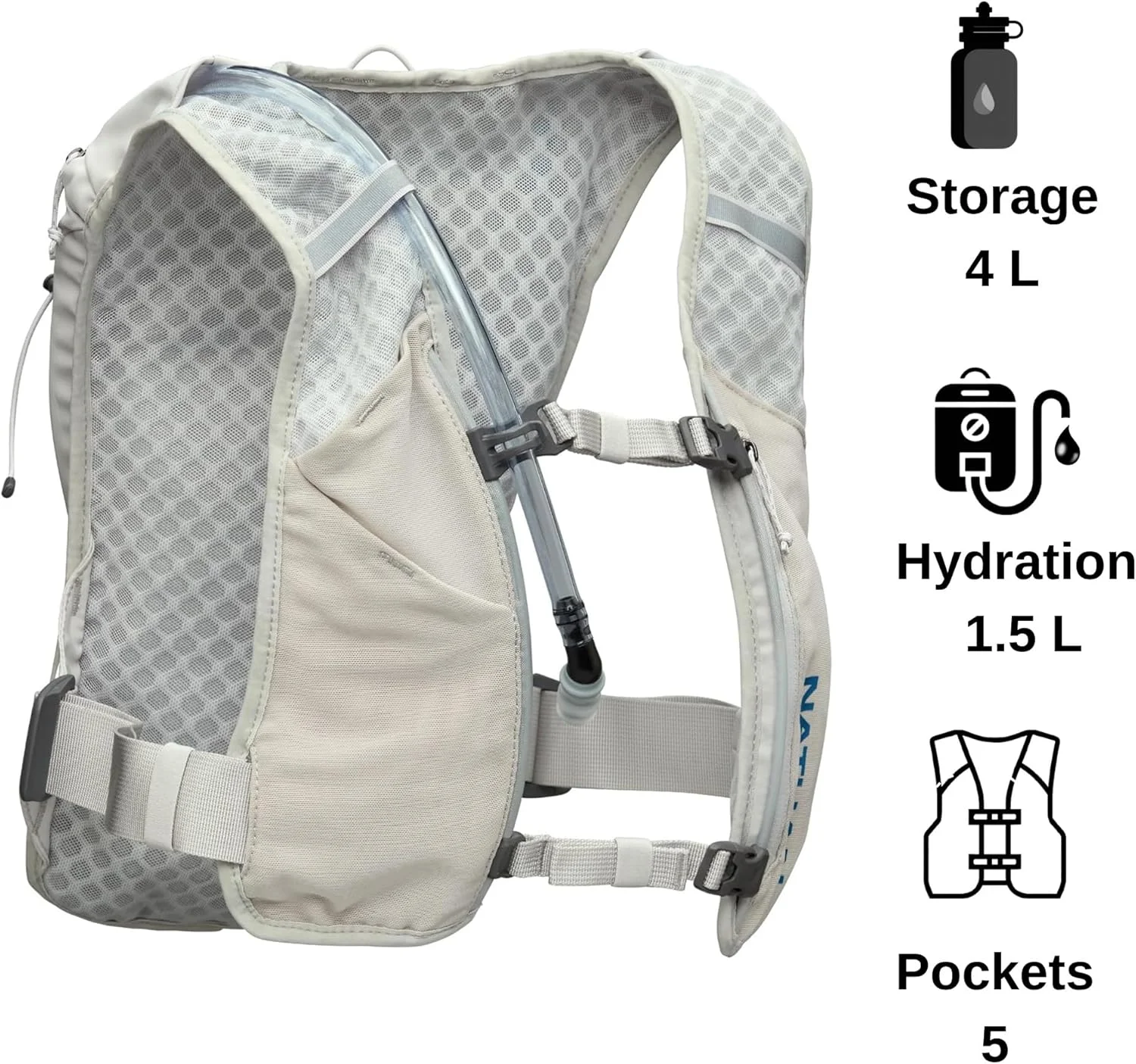 جلیقه کوله پشتی آبرسانی ناتان QuickStart 1.5 لیتری با محفظه آب یا قمقمه، جیب های ذخیره سازی، پارچه تنفسی رطوبت گیر، بندهای قابل تنظیم برای دویدن، پیاده روی، قدم زدن، ماراتن، مسابقات موانع