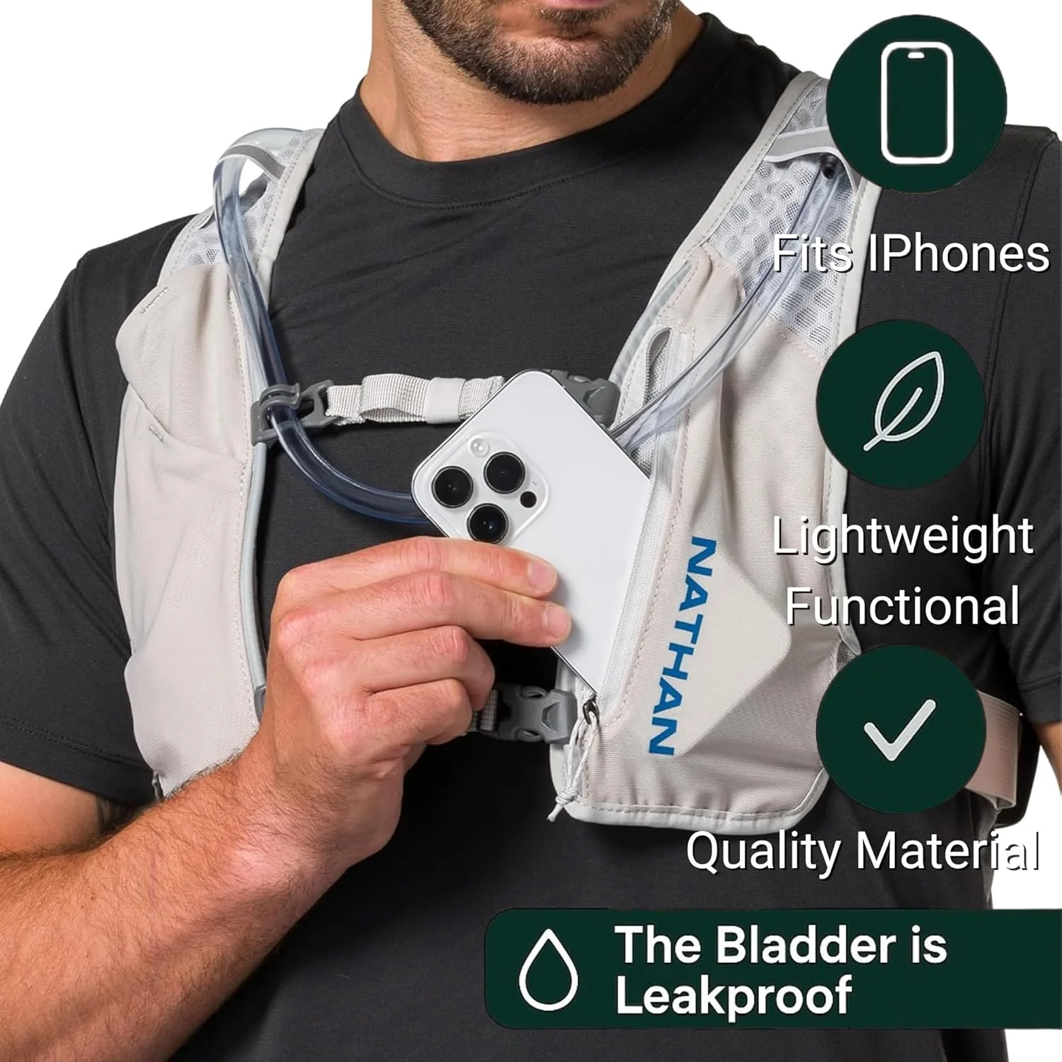 جلیقه کوله پشتی آبرسانی ناتان QuickStart 1.5 لیتری با محفظه آب یا قمقمه، جیب های ذخیره سازی، پارچه تنفسی رطوبت گیر، بندهای قابل تنظیم برای دویدن، پیاده روی، قدم زدن، ماراتن، مسابقات موانع